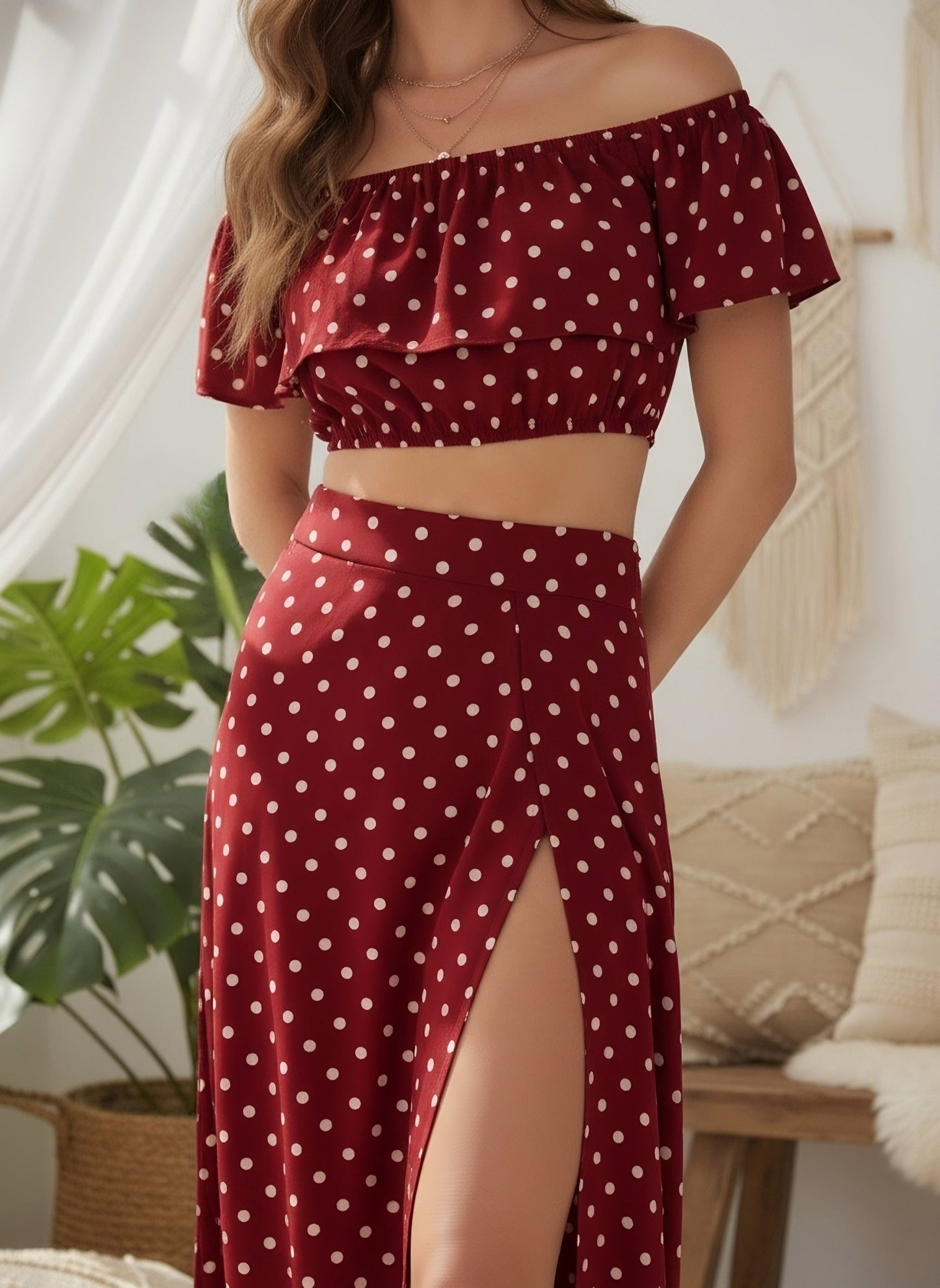 Berrylush Women Red Polka Dot Printed Off-Shoulder Co-Ord Maxi Dress
