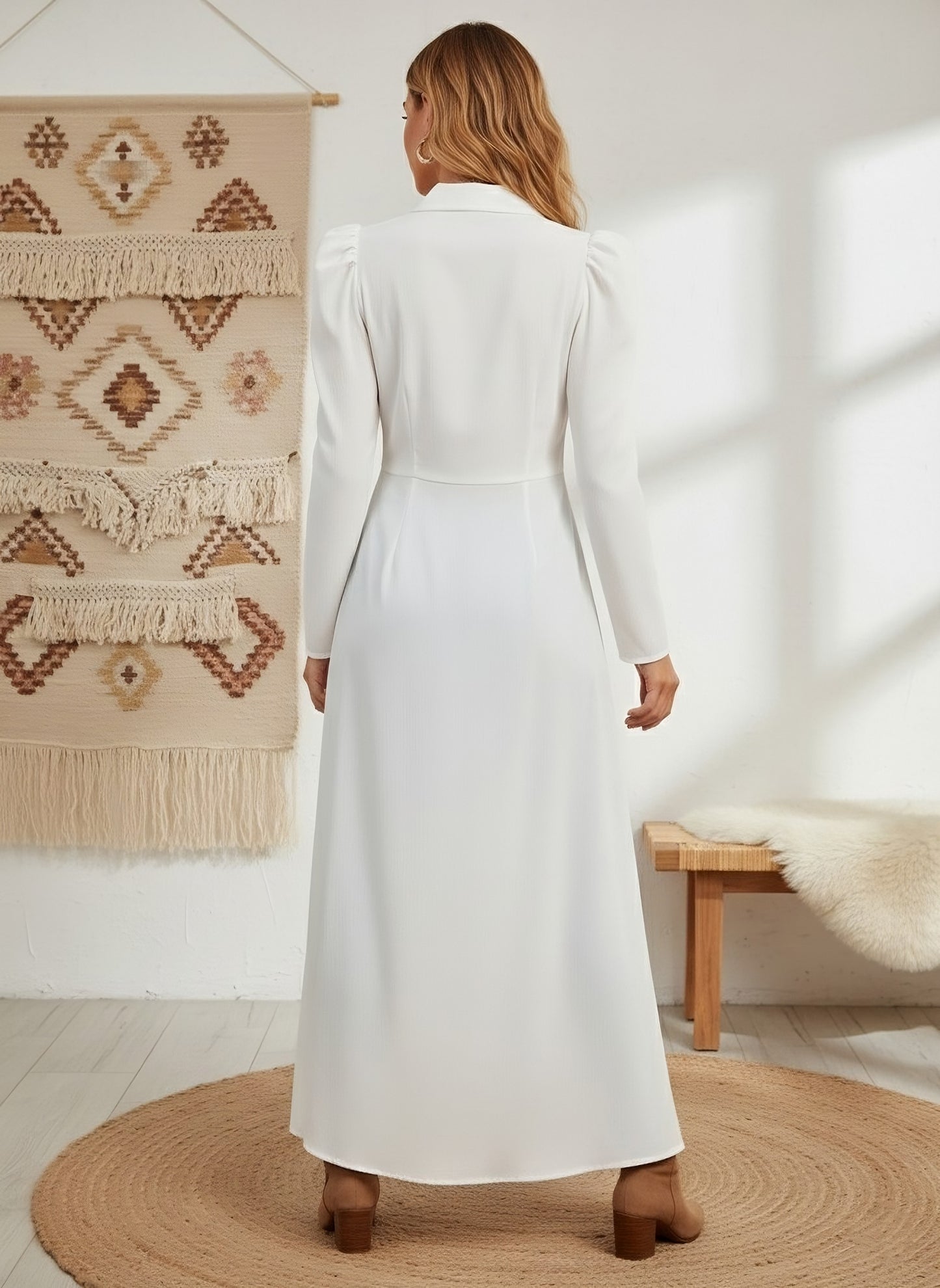 Berrylush Women Solid White Spread Collar Neck Puff Sleeves Front Button-Up High-Low Hem Longline Top