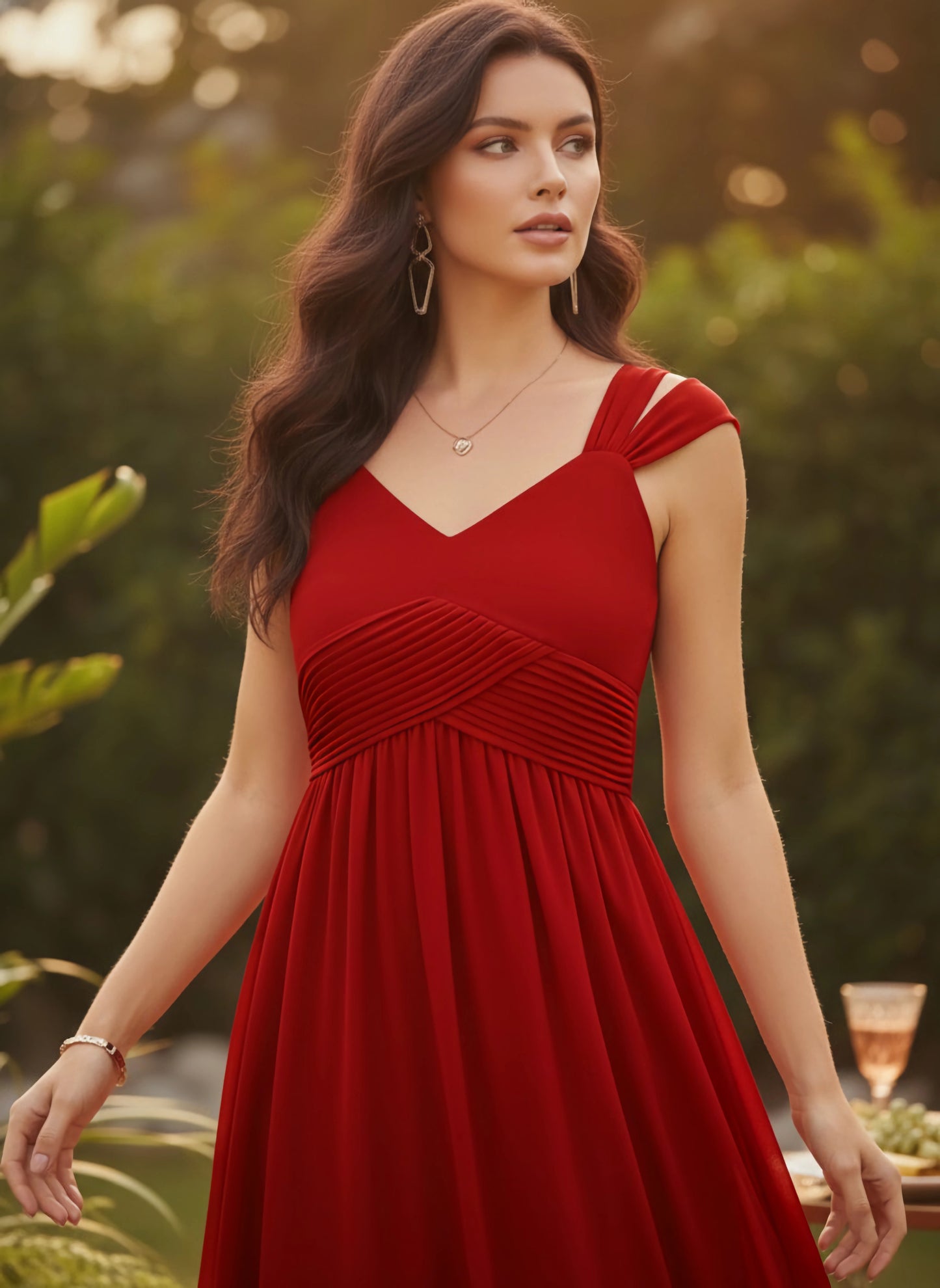 Berrylush Women Solid Red Sweetheart Neck Sleeveless Cold-Shoulder Pleated Maxi Dress