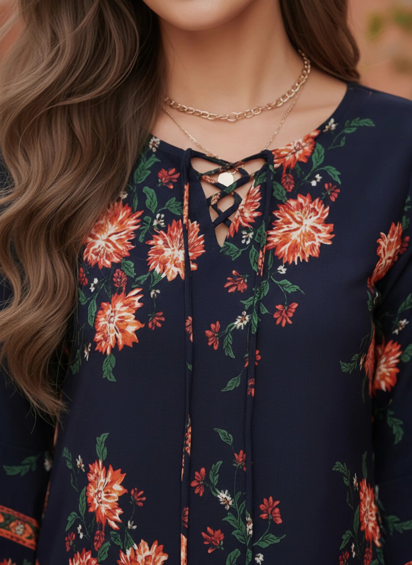 Berrylush Women Navy Blue & Orange Floral Printed Tie-Up Neck A-Line Mini Dress