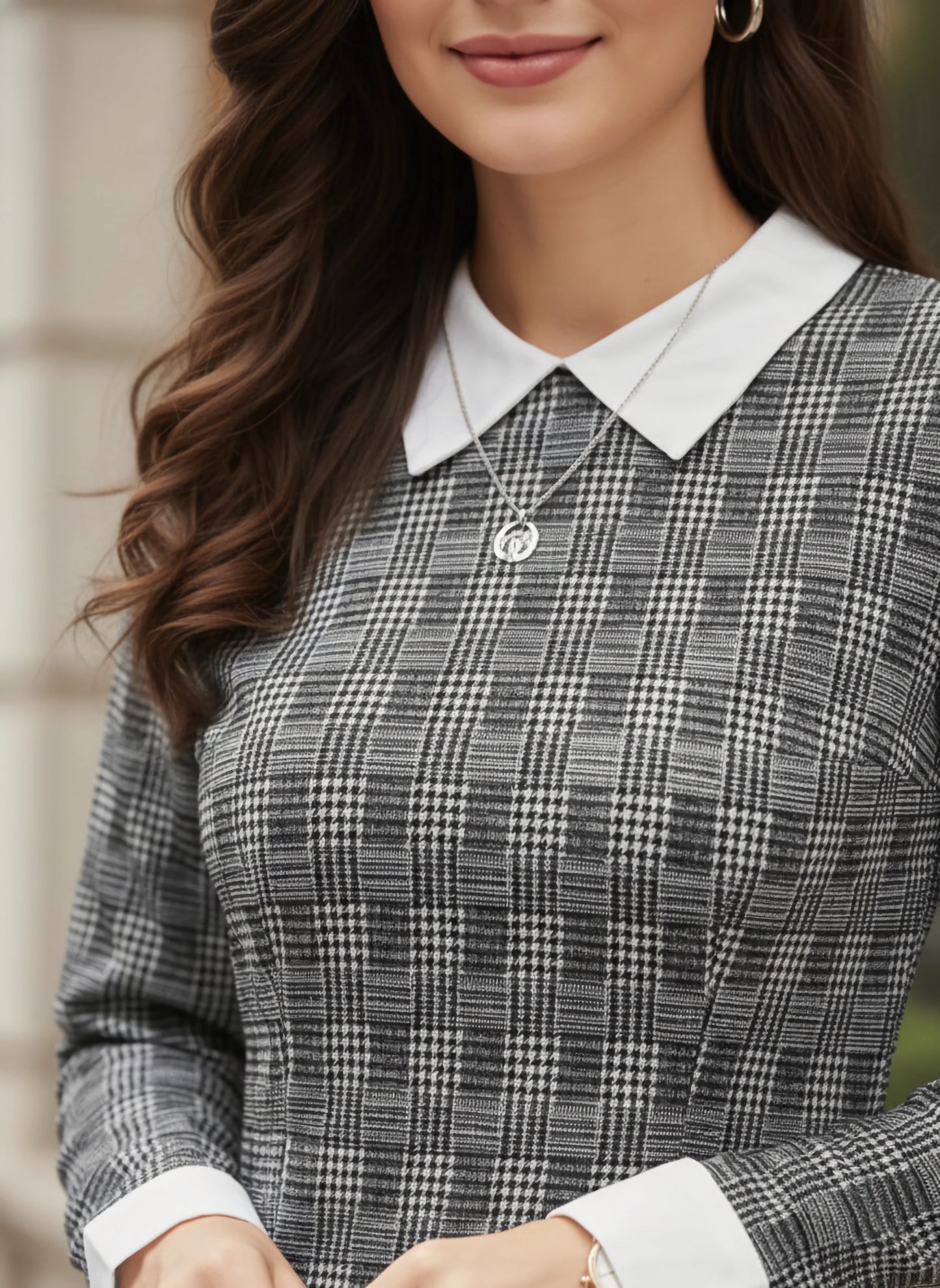 Berrylush BIZwear Women Black Houndstooth & Checked Print Contrast Collar Neck Straight Hem Knitted Bodycon Mini Dress