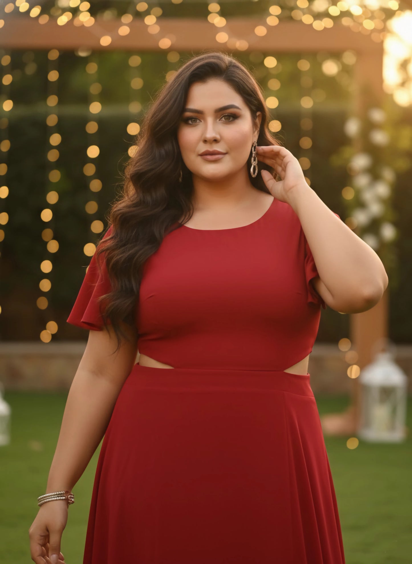 Plus Size Solid Red Round Neck Cutout Crepe Thigh-High Slit Fit & Flare Maxi Dress