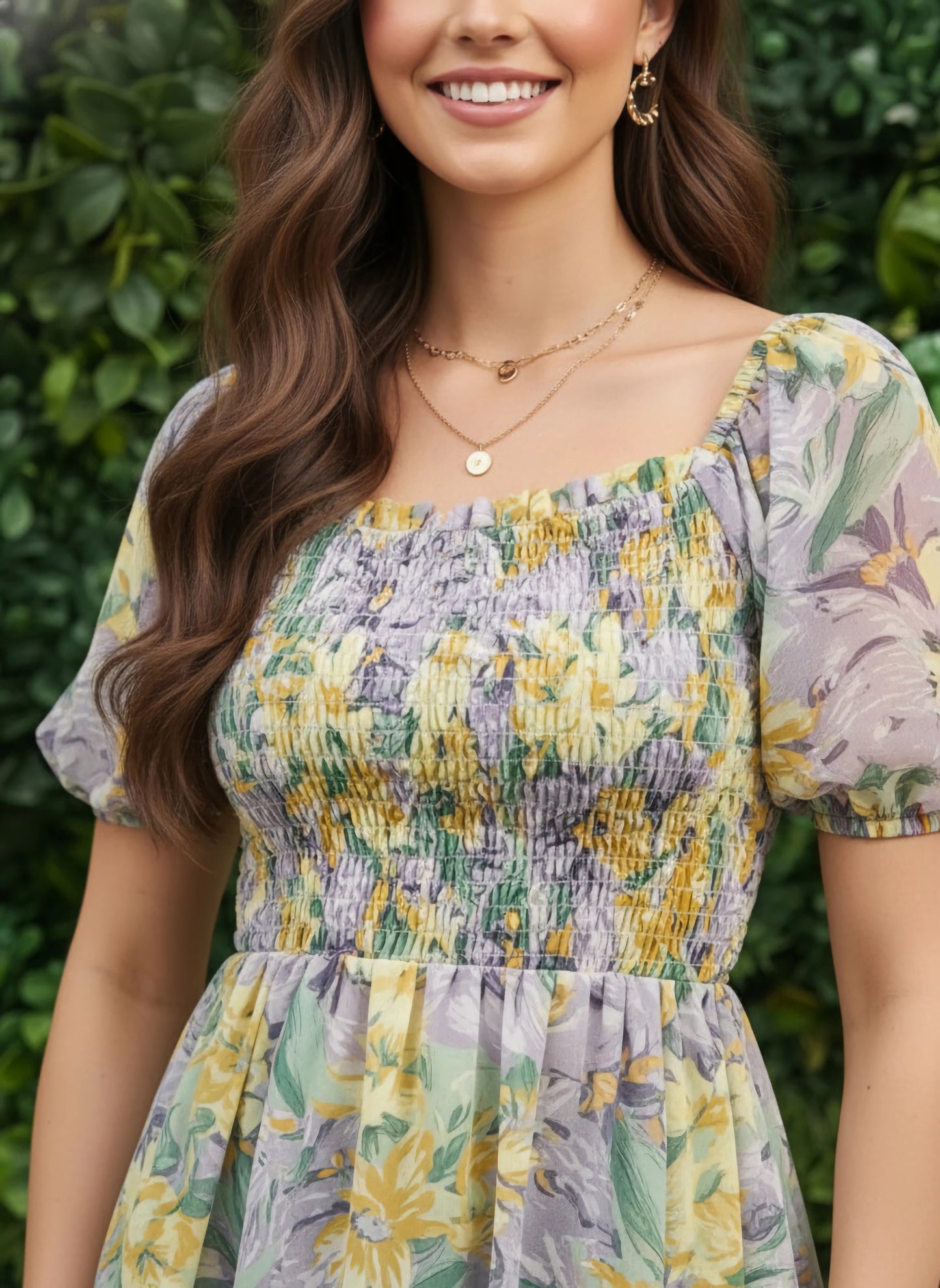 Berrylush Women Purple Square Neck Floral Print  Puff Sleeve Regular Peplum Top