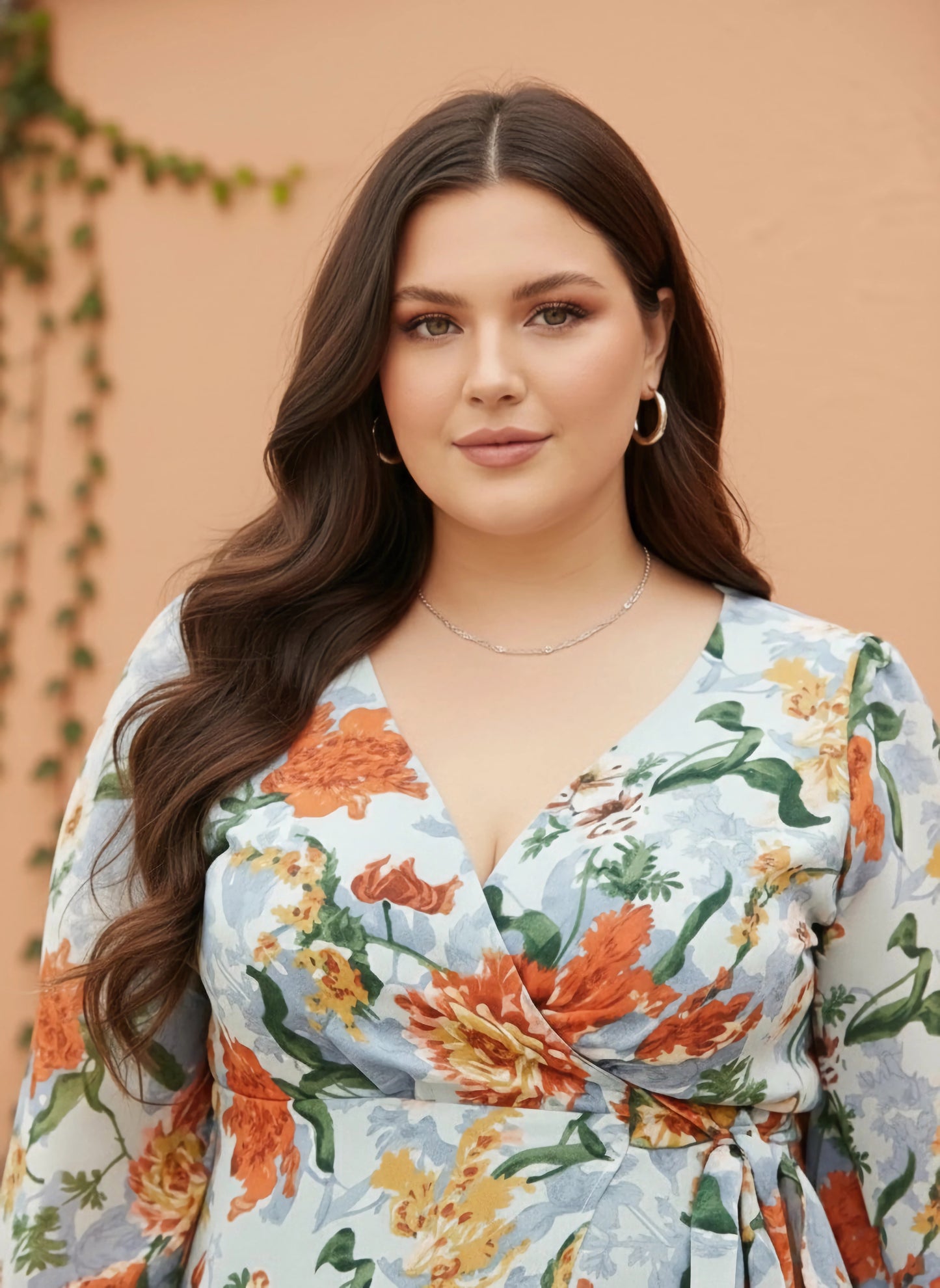 Berrylush Curve Women Blue & Orange Floral Printed V-Neck Bishop Sleeves Waist Tie-Up Wrap Regular Top