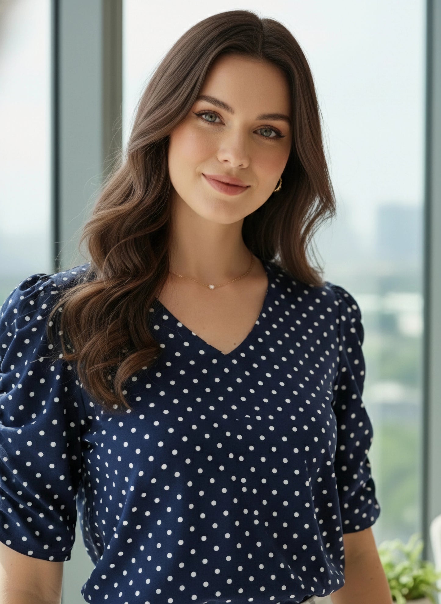 BIZwear Navy Blue & White Polka Dot Printed V-Neck Puff Sleeves Regular Top