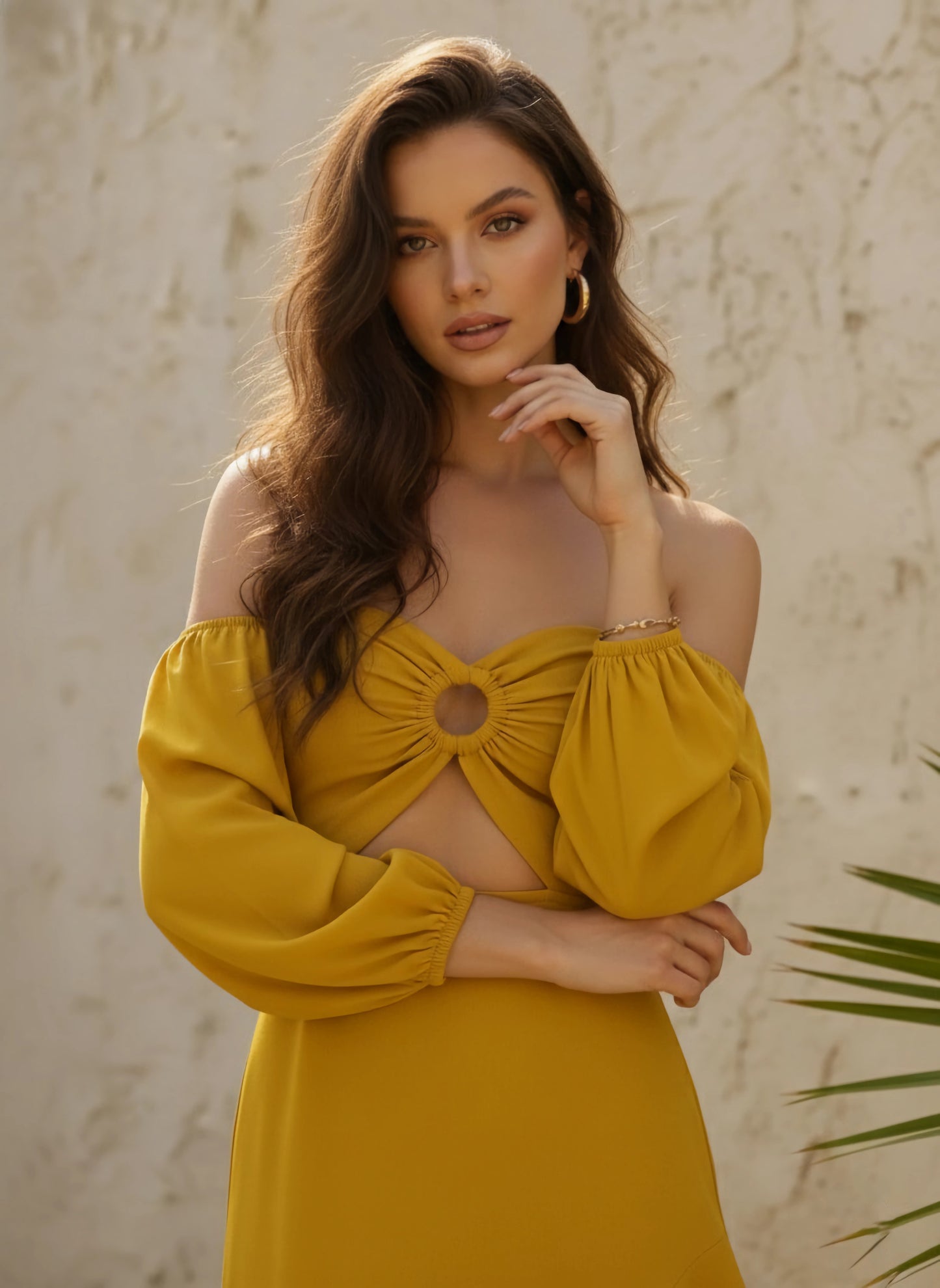 Solid Yellow Off-Shoulder Neck Puff Sleeves Cut-Out Asymmetrical Hem A-Line Midi Dress