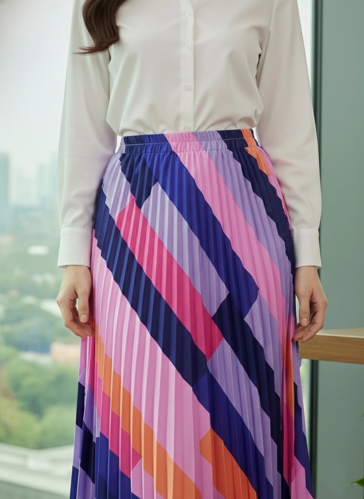 BIZwear Multicolour Colourblock Printed Elastic High-Rise Waist Straight Hem Pleated A-Line Midi Skirt