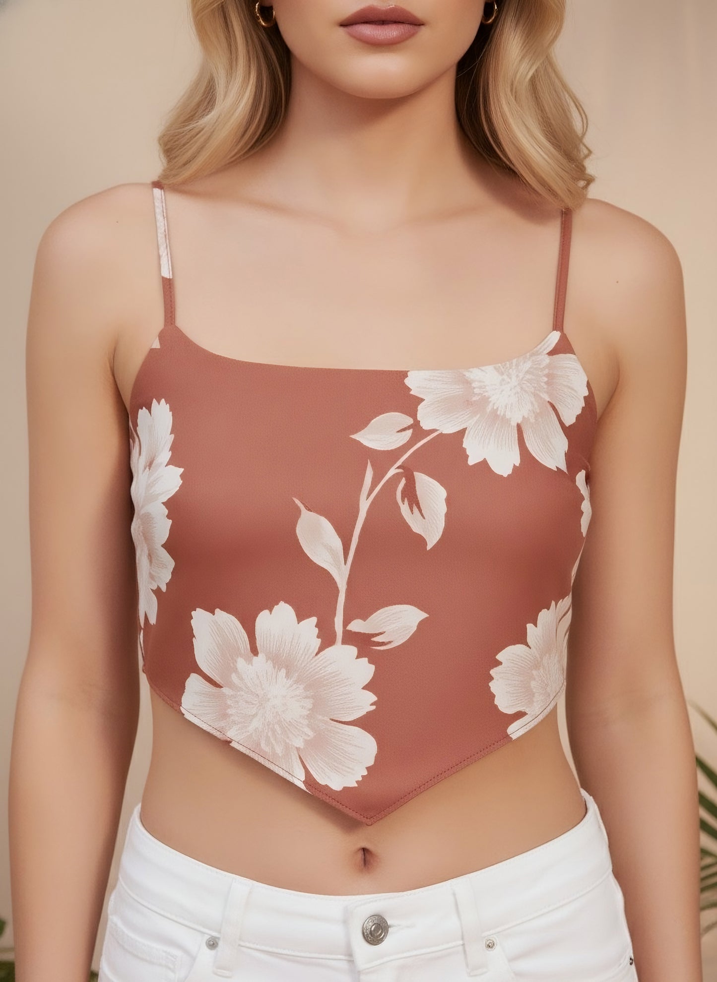 Berrylush Women Brown & White Floral Printed Square Neck Sleeveless Hanky Hem Cropped Top