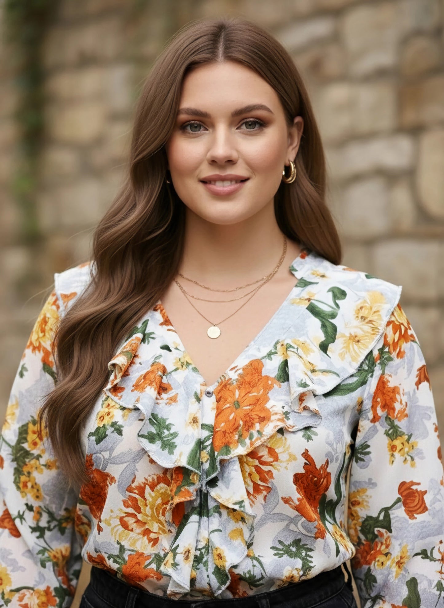 Berrylush Women Plus Size Blue & Green Floral Printed V-Neck Button-Up Georgette Ruffled Regular Top
