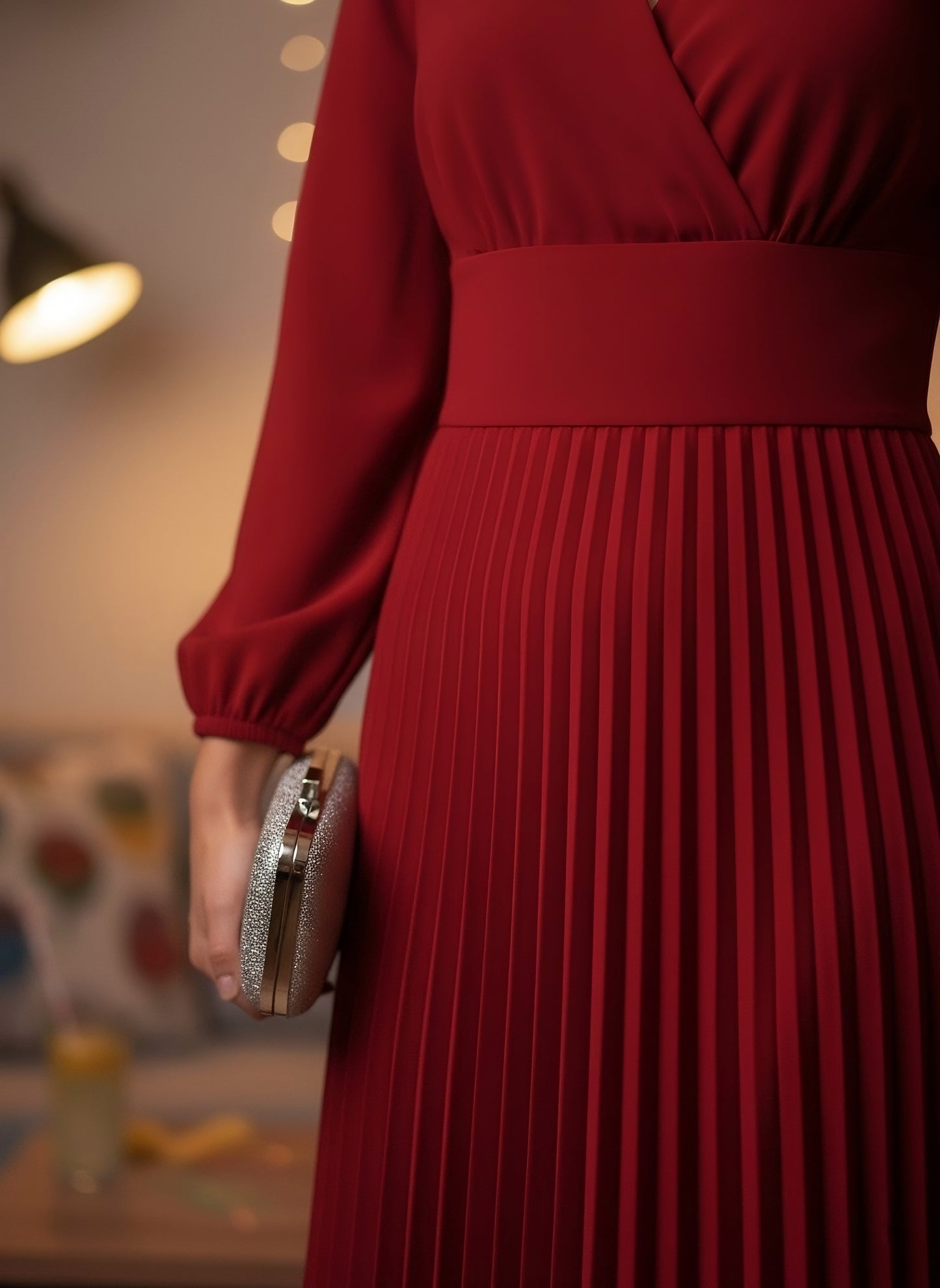 Berrylush Women Solid Red V-Neck Puff Sleeves Wrap Pleated A-Line Midi Dress