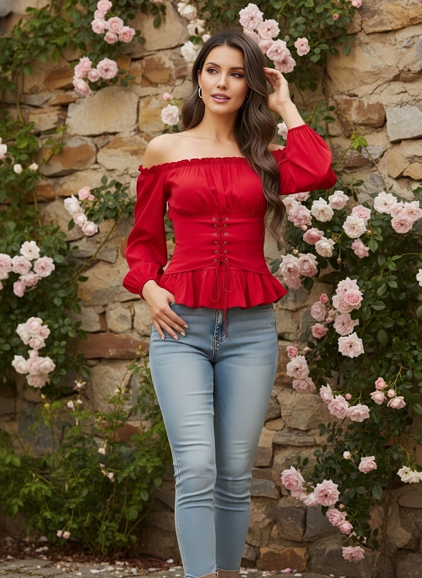 Berrylush Women Red Solid Off-Shoulder Neck Bishop Sleeves Lace-Up Crepe Smocked Crop Peplum Top