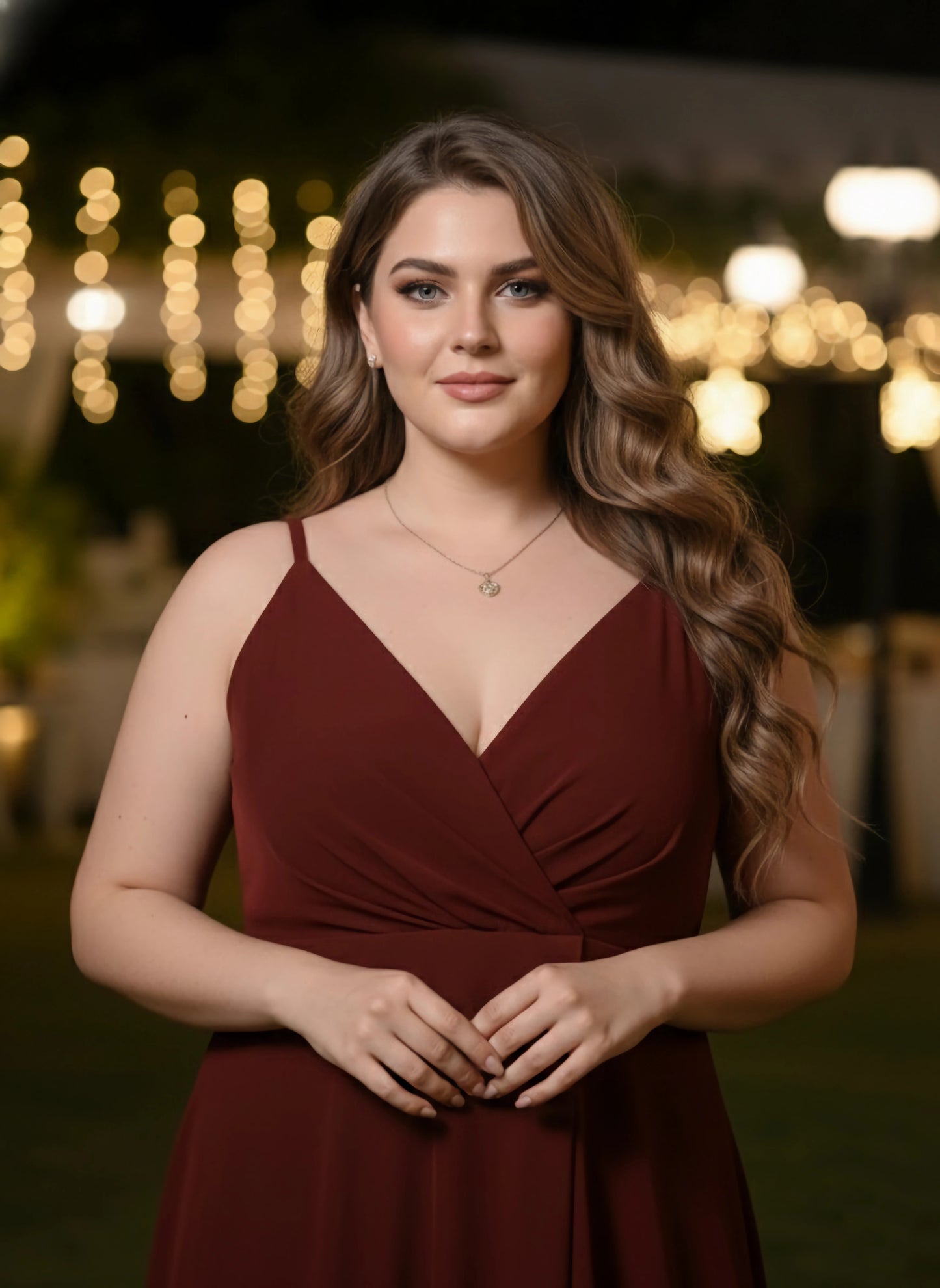 Berrylush Women Plus Size Solid Maroon V-Neck Sleeveless Thigh-High Slit Flared Maxi Dress