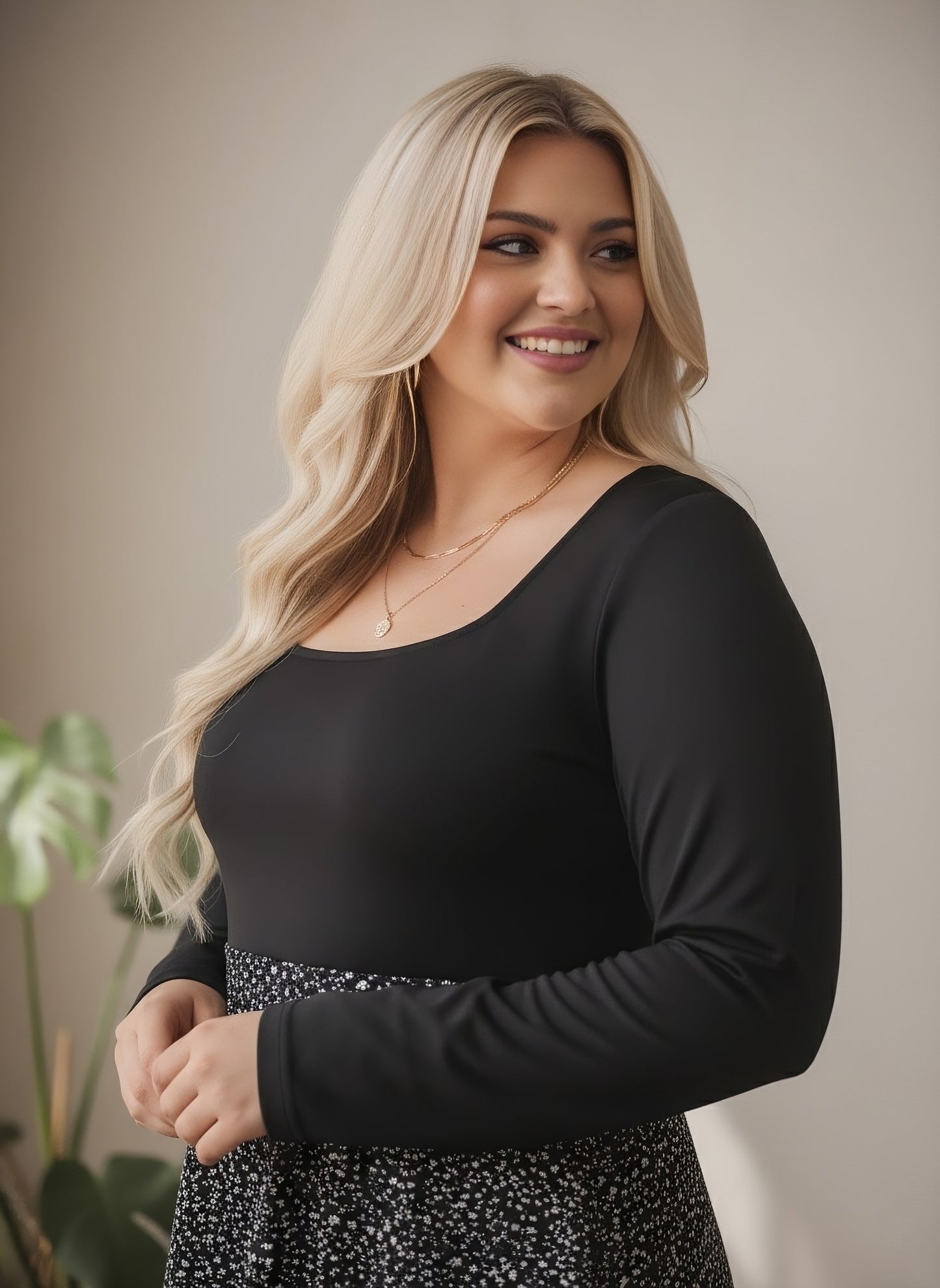 Berrylush Curve Women Black & White Ditsy Floral Printed Square Neck Long Sleeves Flared A-Line Mini Dress