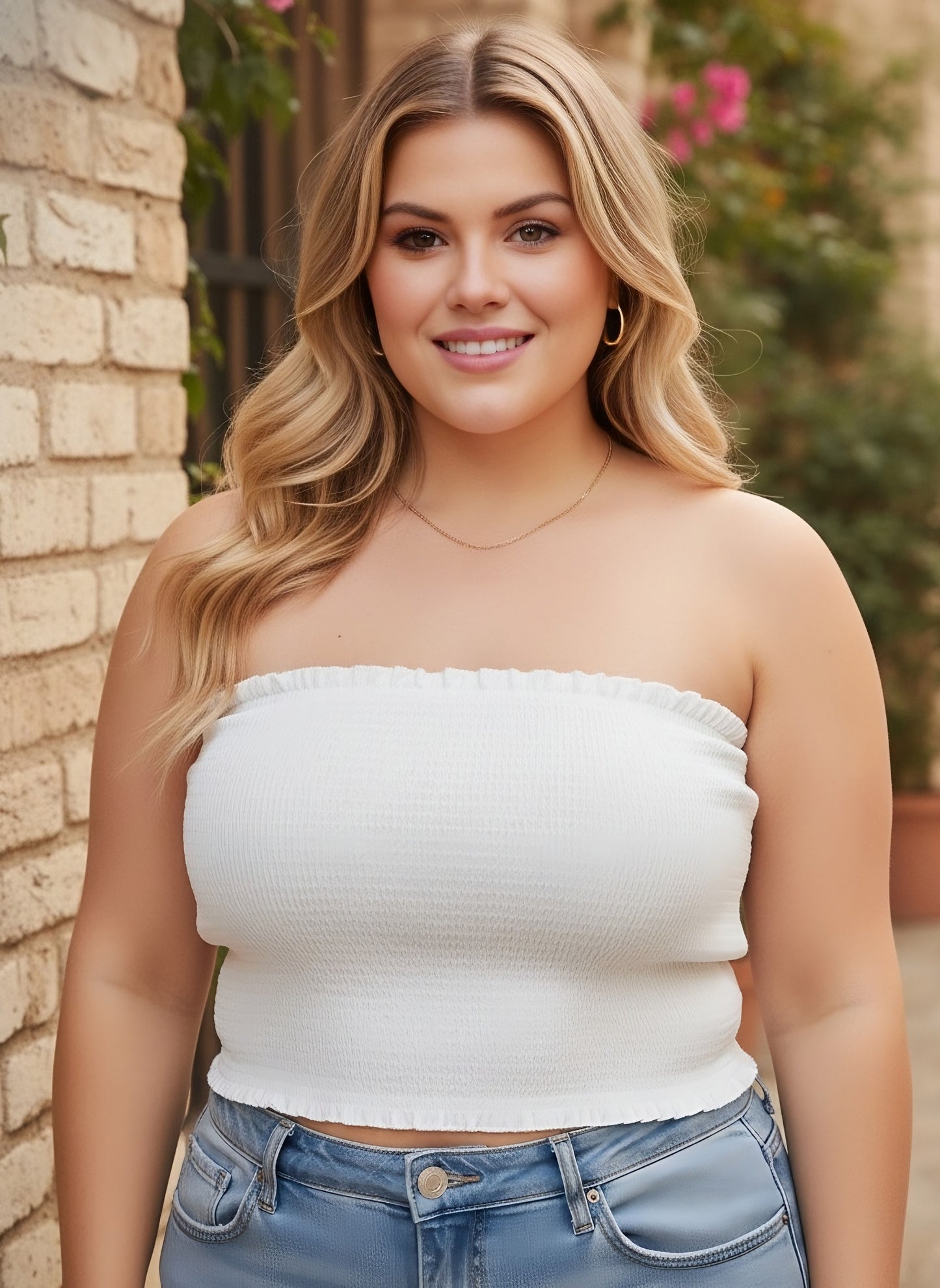 Berrylush Curve Women Solid White Off-Shoulder Neck Sleeveless Smocked Crop Tube Top