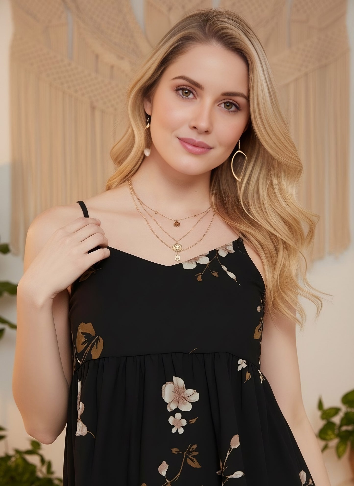 Berrylush Women Black & Beige Floral Printed V-Neck Peplum Top