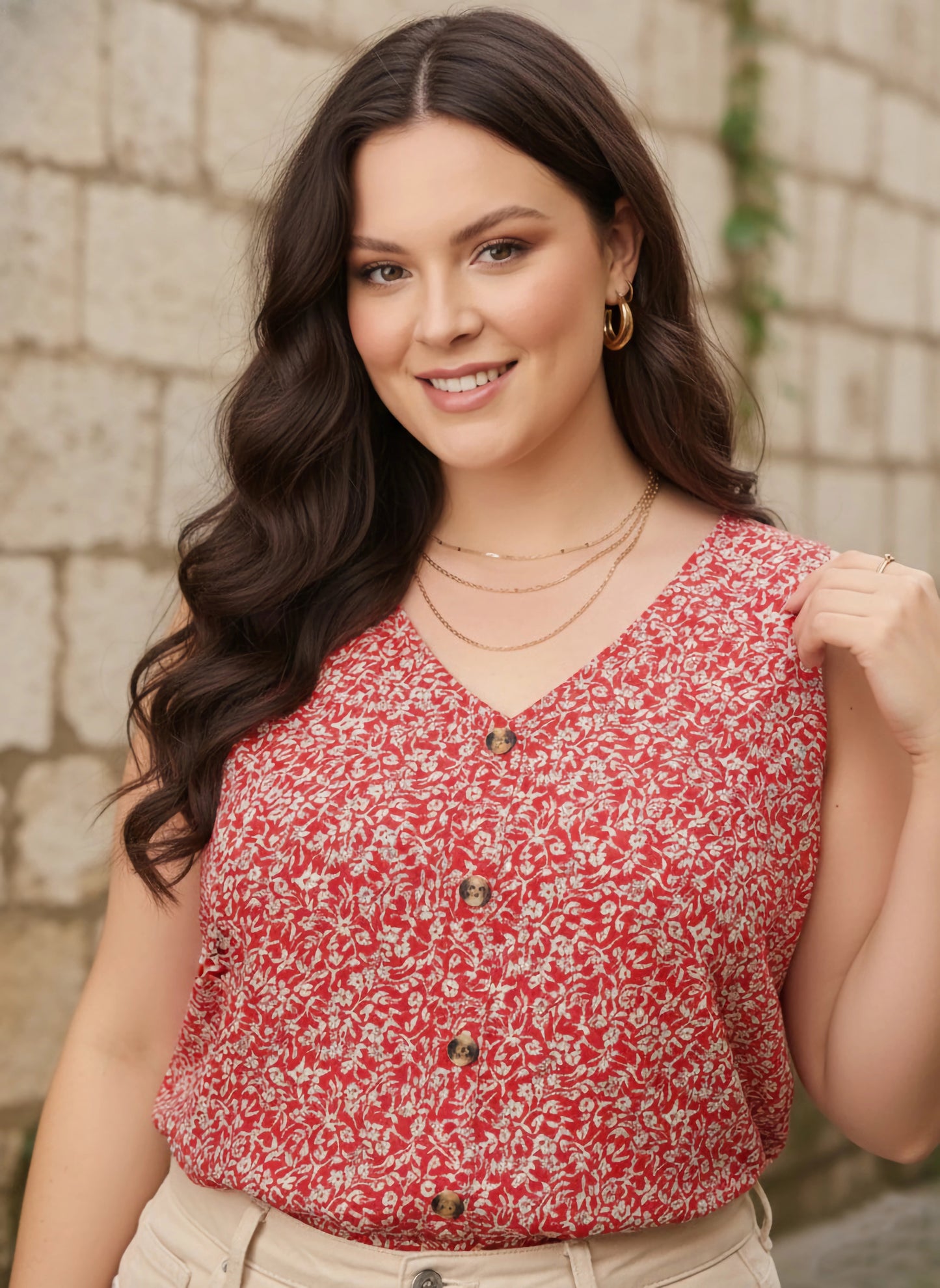 Berrylush Curve Women Red & White Floral Printed V-Neck Sleeveless V-Back Button-Up Straight Hem Regular Top