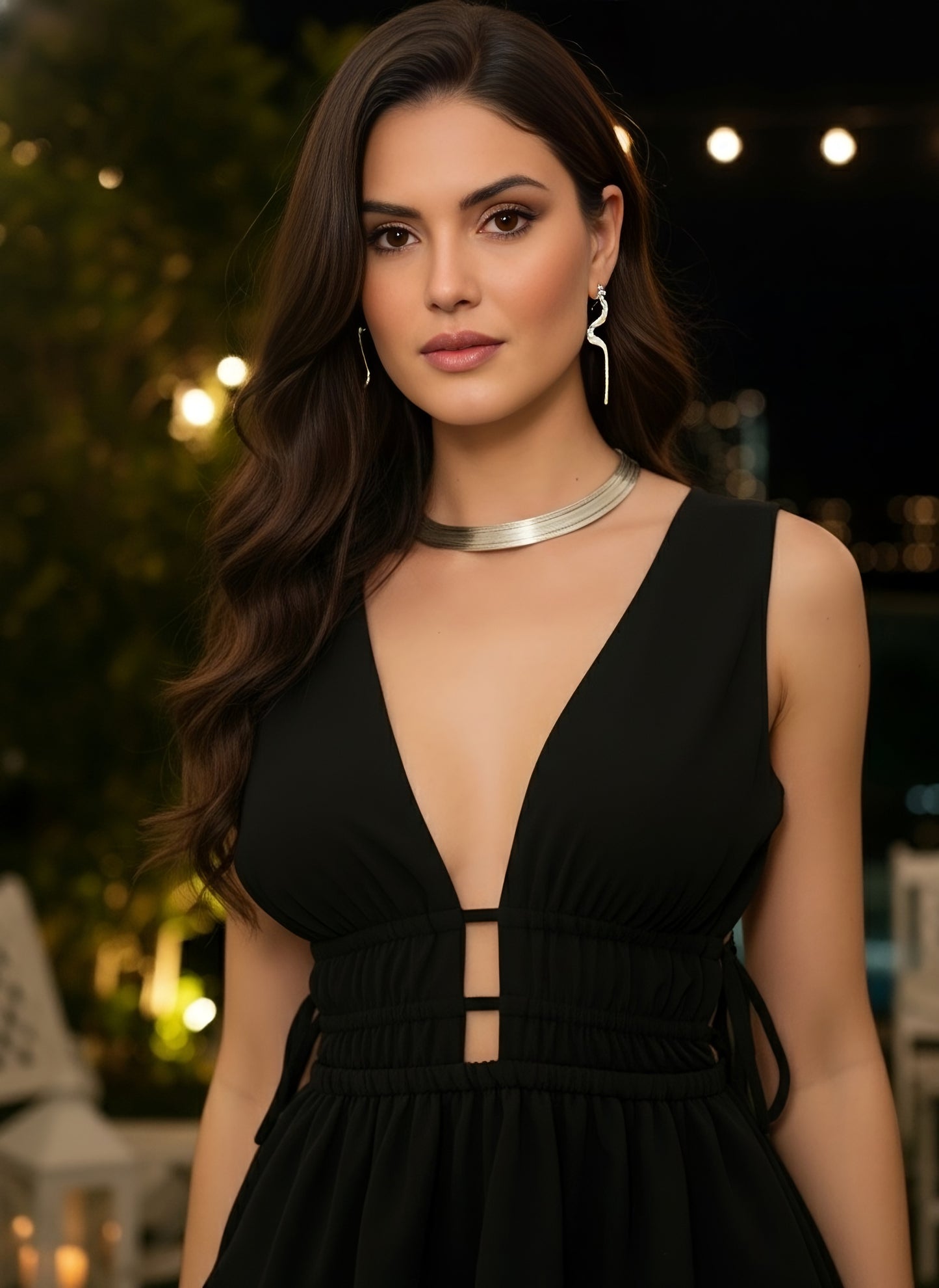 Berrylush Women Black Solid V-Neck Sleeveless Layered A Line Mini Dress