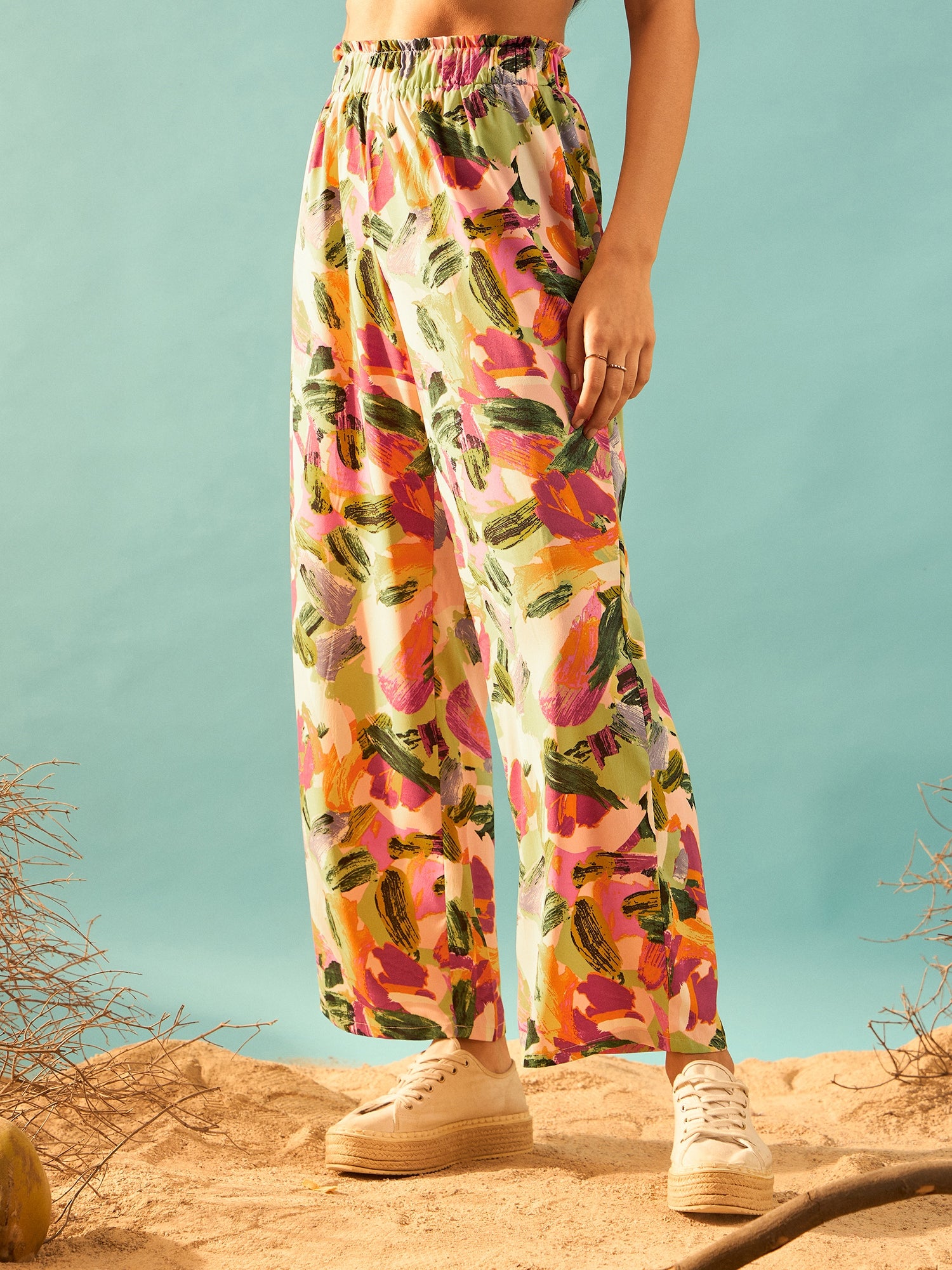 Berrylush Women Abstract Print High-Rise Waist Parallel Regular Trouser