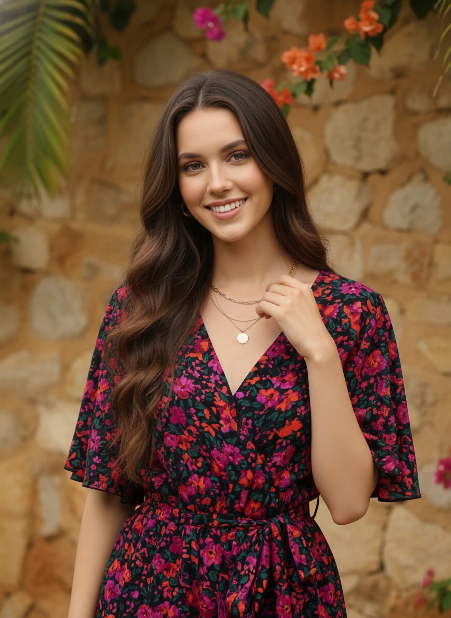 Berrylush Women Purple & Green Floral Printed V-Neck Two-Pocket Tie-Up Waist Mini Jumpsuit