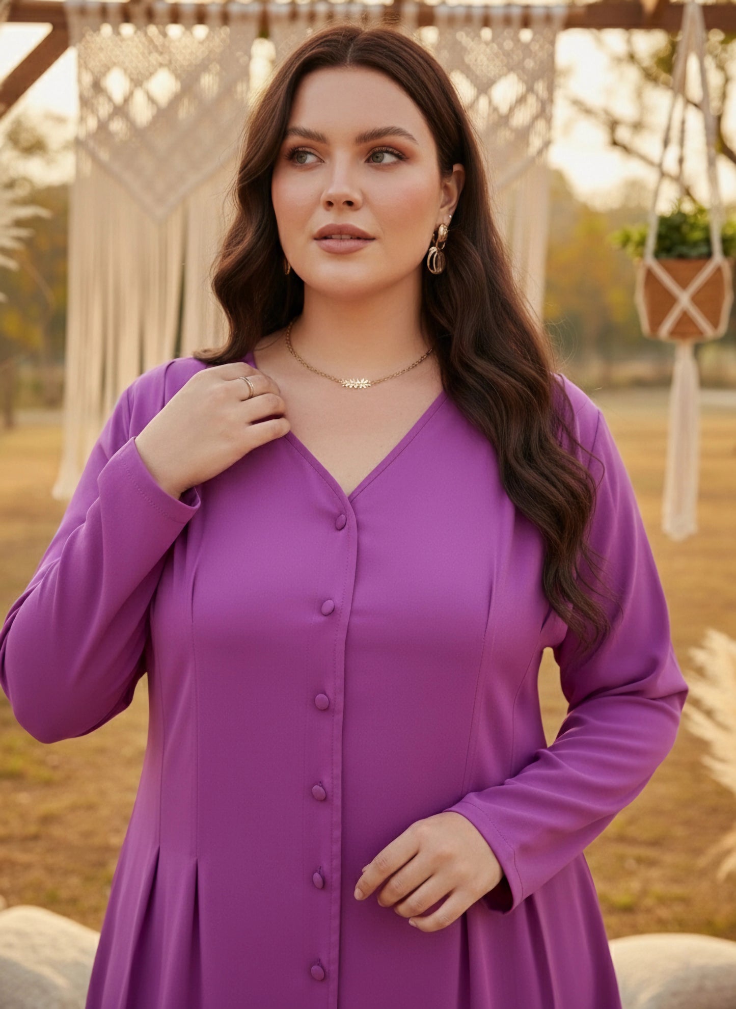Plus Size Solid Purple V-Neck Front Button-Up Curve Hem Flared Mini Shirt Dress