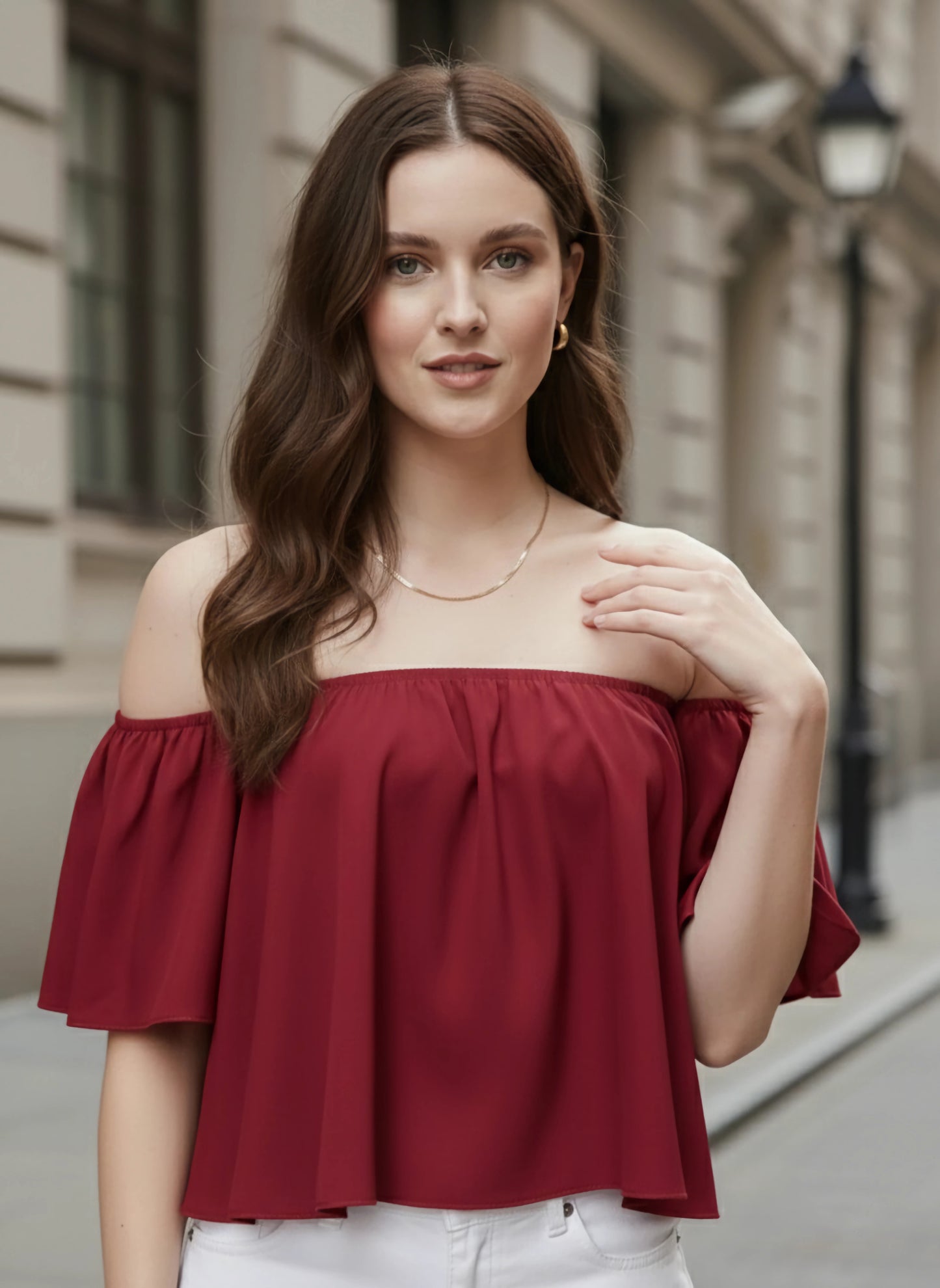 Berrylush Women Solid Red Off-Shoulder Neck Ruffled Crop Bardot Top
