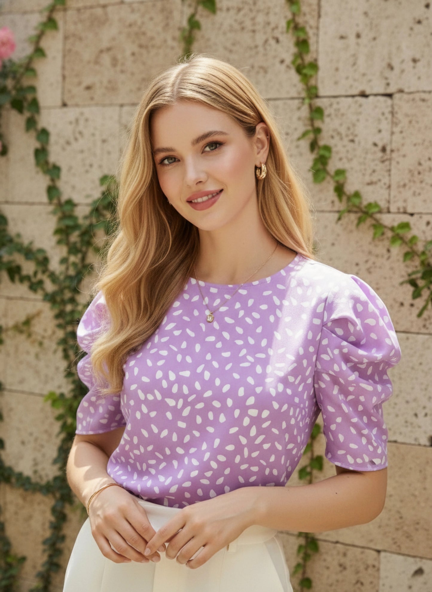 Purple & White Abstract Printed Round Neck Puff Sleeves Keyhole Back Pleated Regular Top