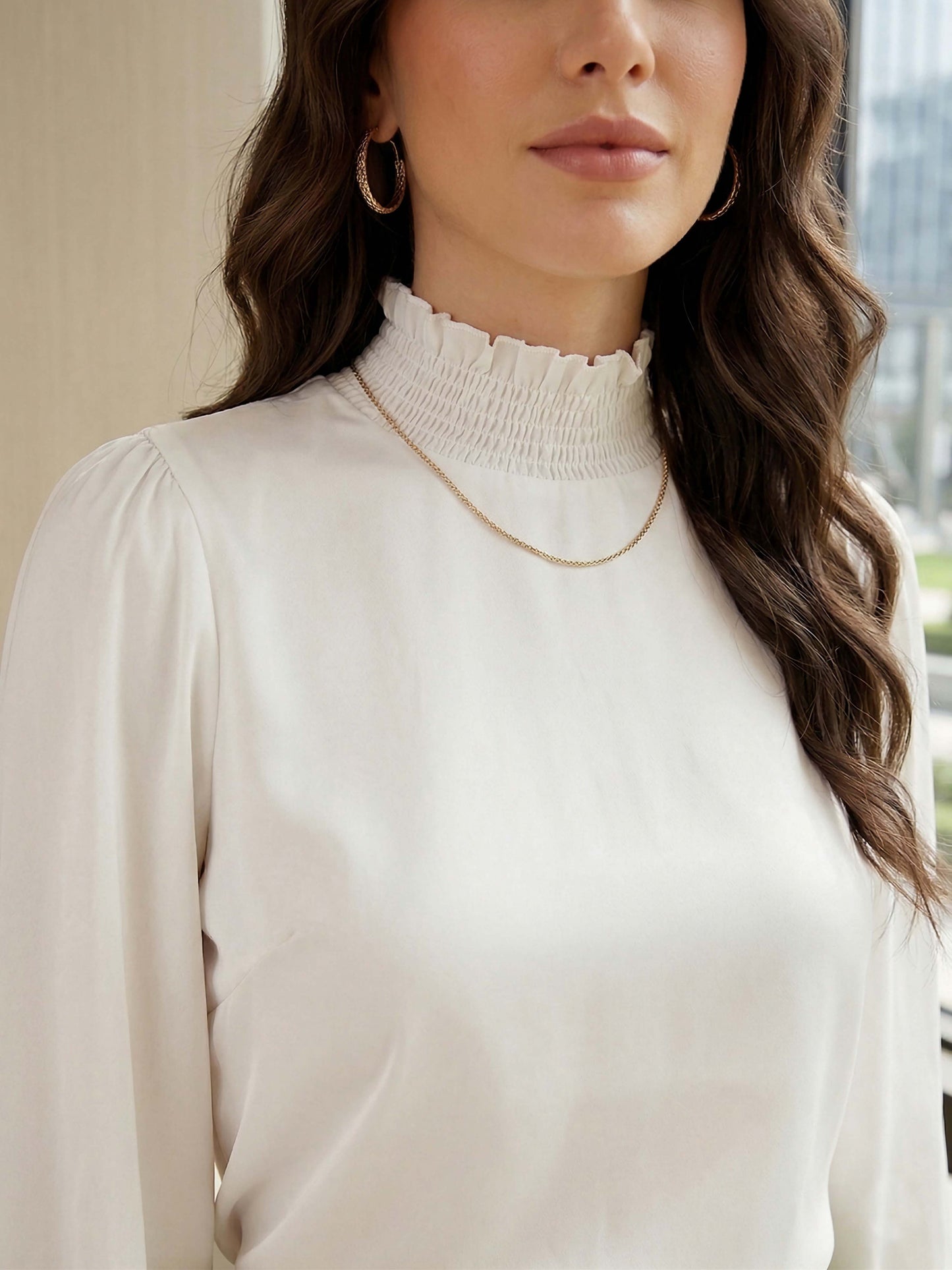 BIZwear Solid White High-Neck Bishop Sleeve Shirred Frill Trim Reguar Top