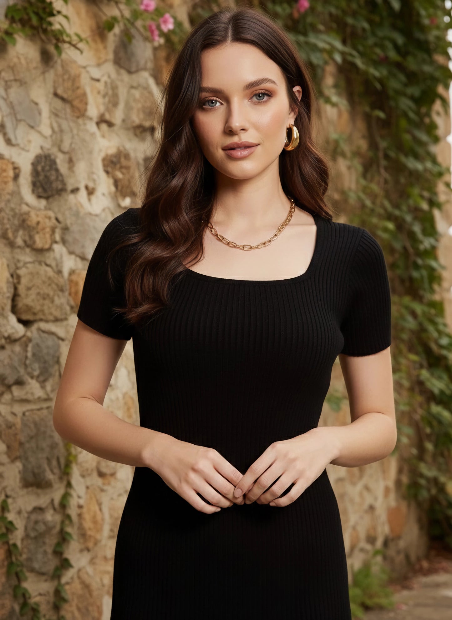 Berrylush Women Solid Black Scoop Neck Acrylic Thigh-High Slit Straight Hem Knitted Midi Sweater Dress