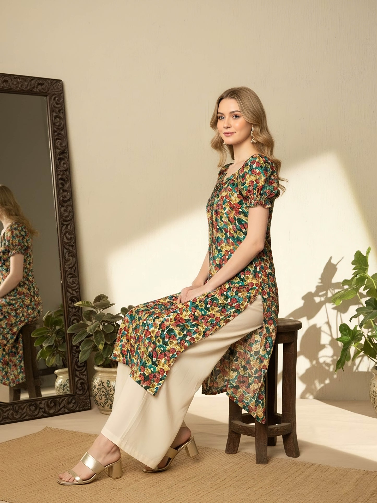 Berrylush Women Red, Green, & Yellow Floral Printed Sweetheart Neck Front Tie-Up Side-Slit Straight Hem Calf Length Kurta