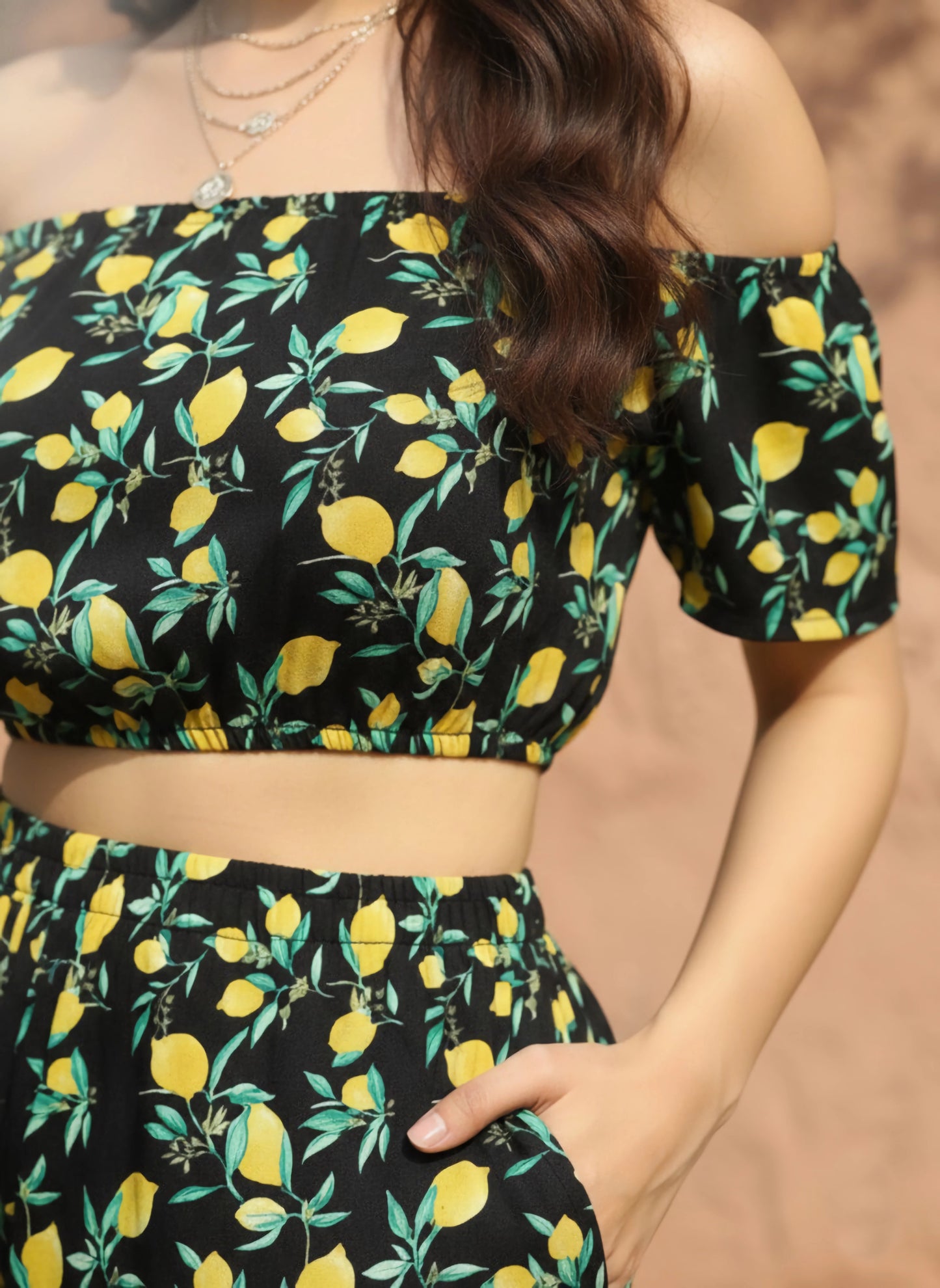 Berrylush Women Black & Yellow Floral Printed Off-Shoulder Neck Elastic Waist Crop Top & Shorts Co-Ordinate Set