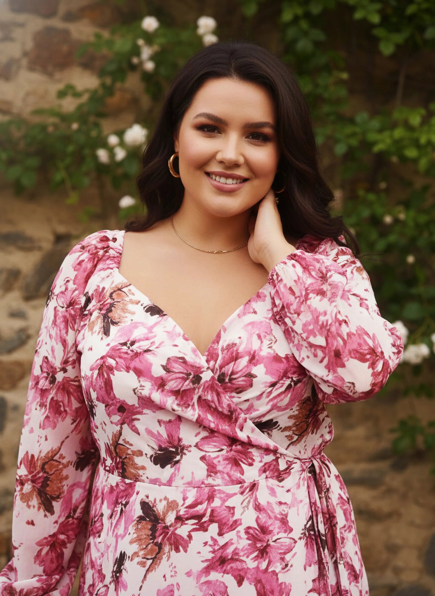 Berrylush Curve Women Pink Floral Printed Sweetheart Neck Waist Tie-Up Georgette Pleated Wrap Maxi Dress