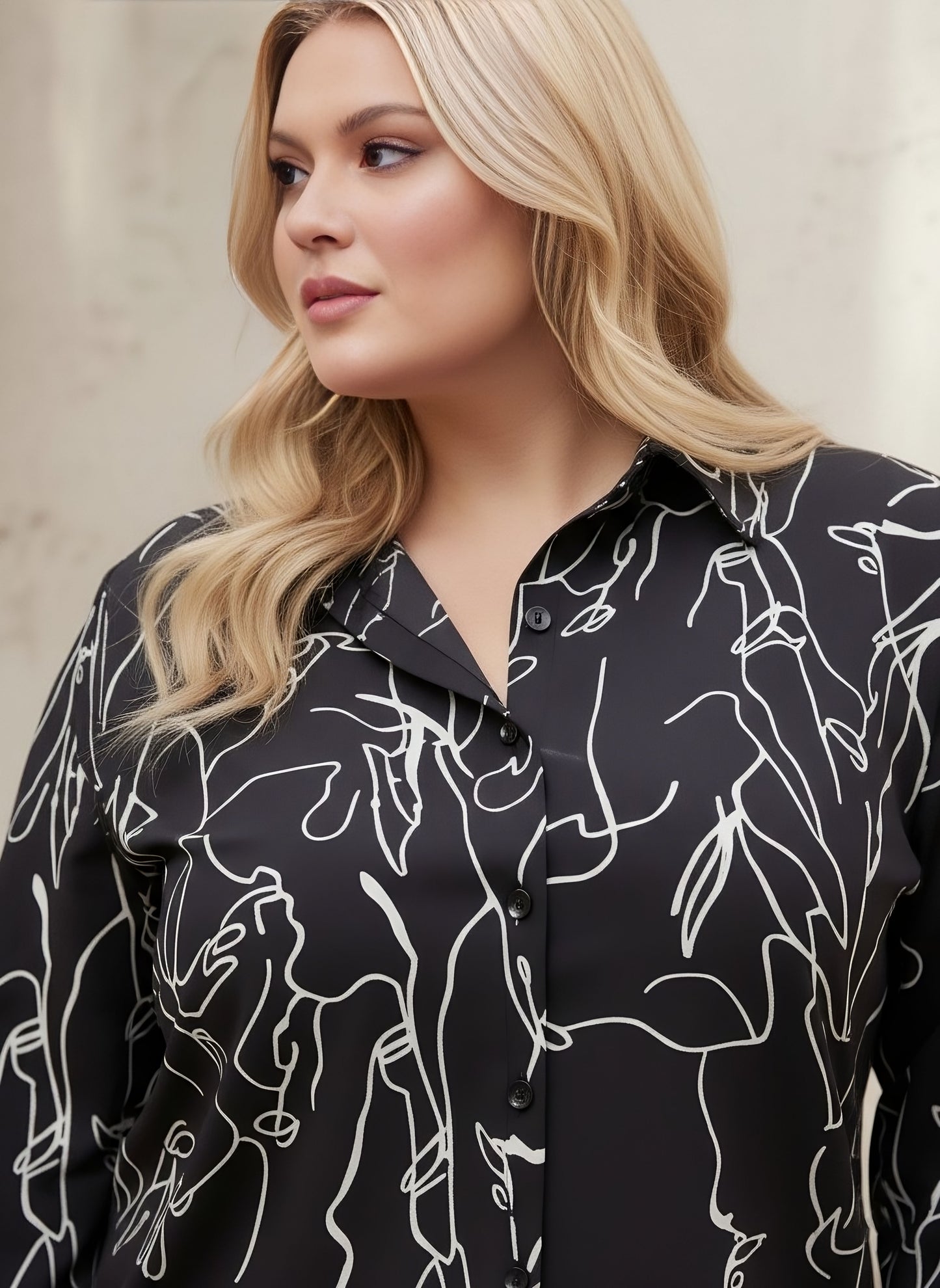 Berrylush Women Plus Size Black & White Abstract Printed Spread Collar Neck Button-Up Curved Hem Regular Shirt