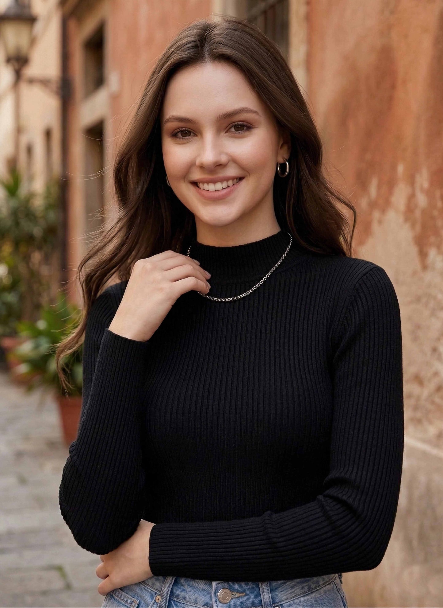 Berrylush Women Solid Black Turtle Neck Acrylic Ribbed Hem Pullover