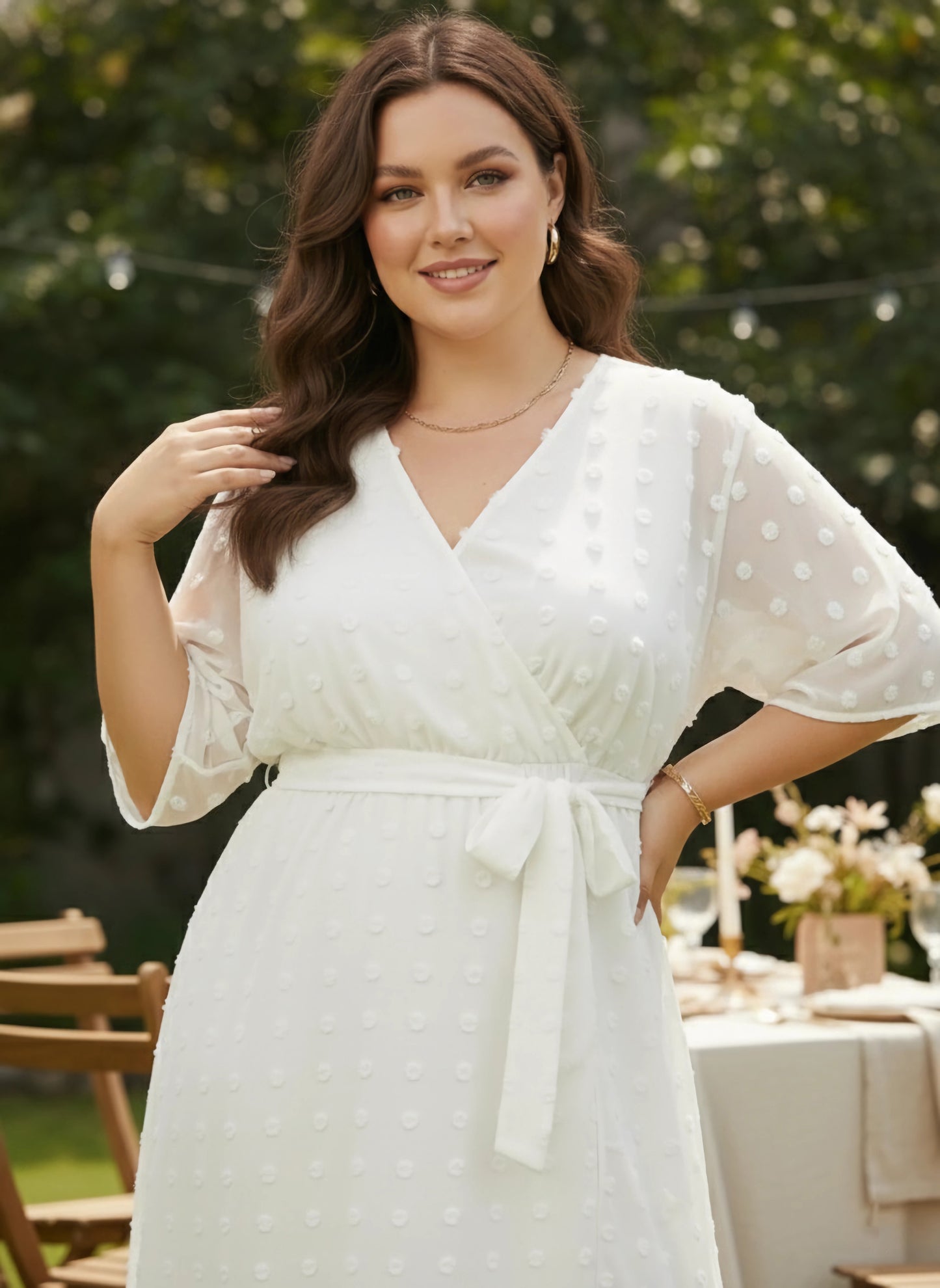 Plus Size Swiss Dot White V-Neck Batwing Sleeve Tie-Up Waist Georgette Fit & Flare Wrap Maxi Dress