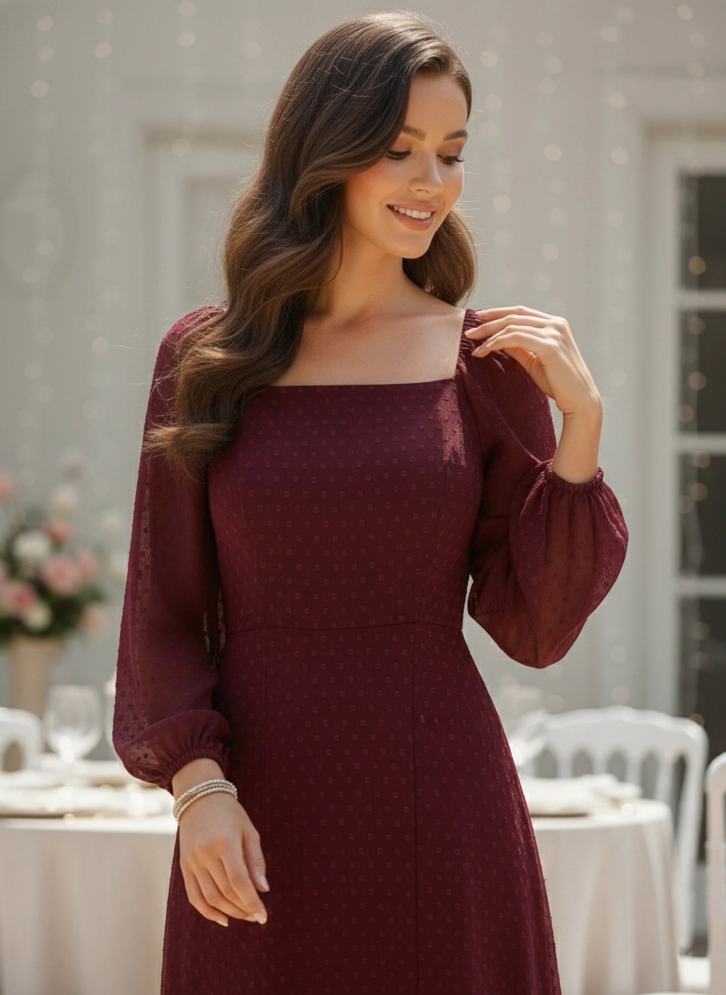 Berrylush Women Maroon Square Neck Dotted Maxi Dress