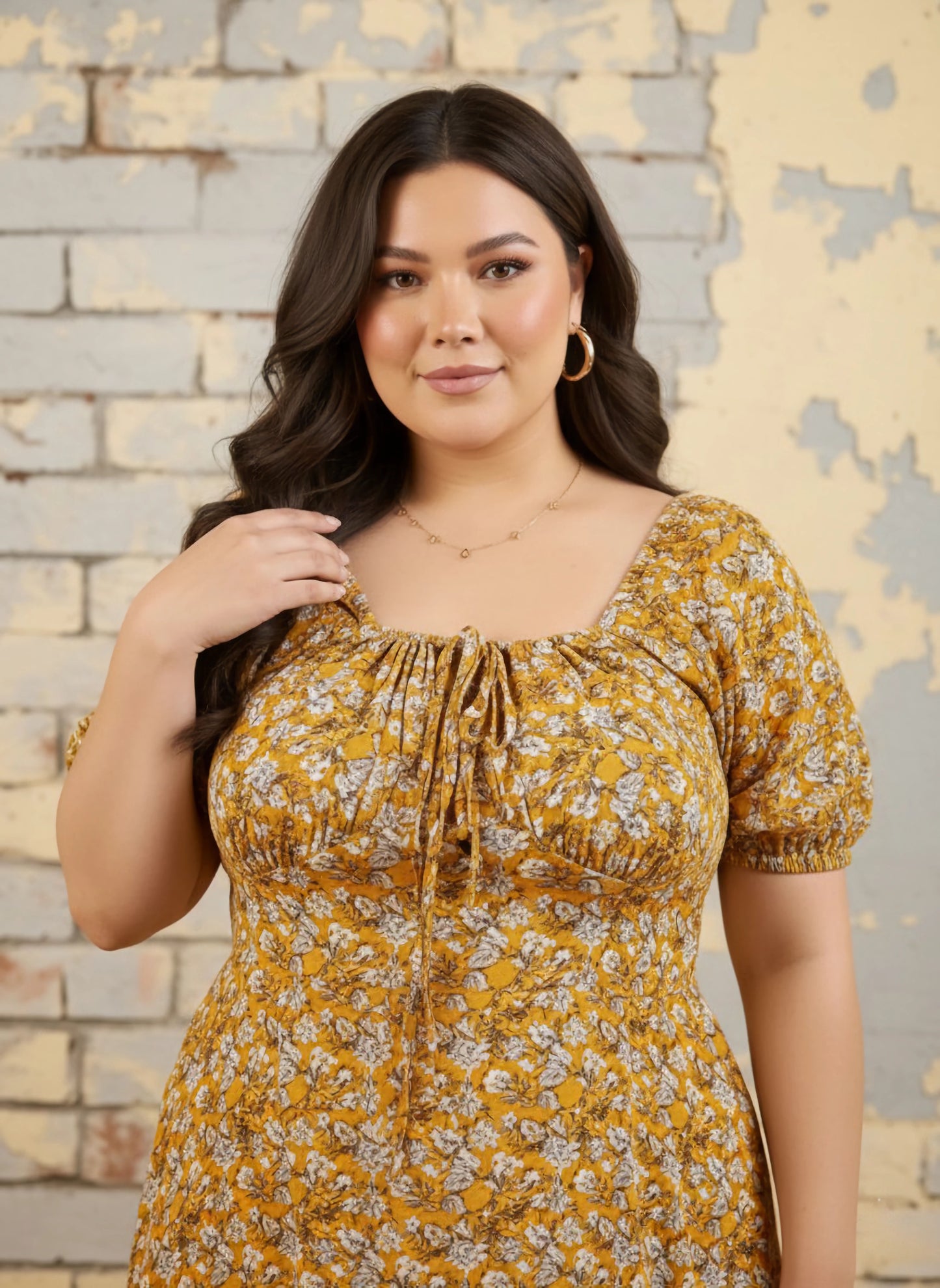 Curve Mustard Yellow & White Floral Printed Square Neck Tie-Up Front Straight Hem Smocked Fit & Flare Midi Dress