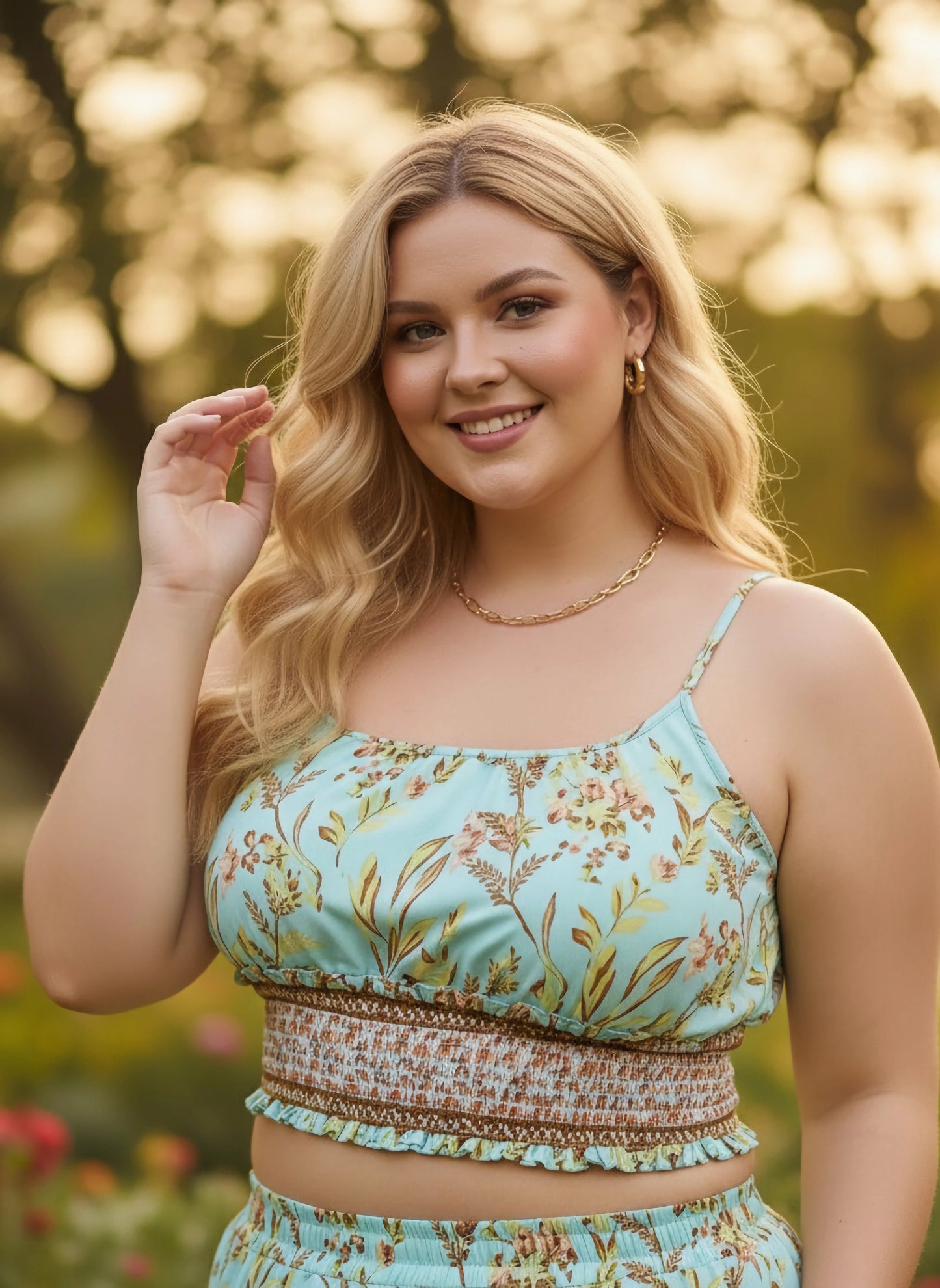 Berrylush Curve Women Green Floral Printed Square Neck Sleeveless Smocked Crop Top & Elastic Waist Two-Pockets Slip-On Maxi Trousers Co-Ord Set