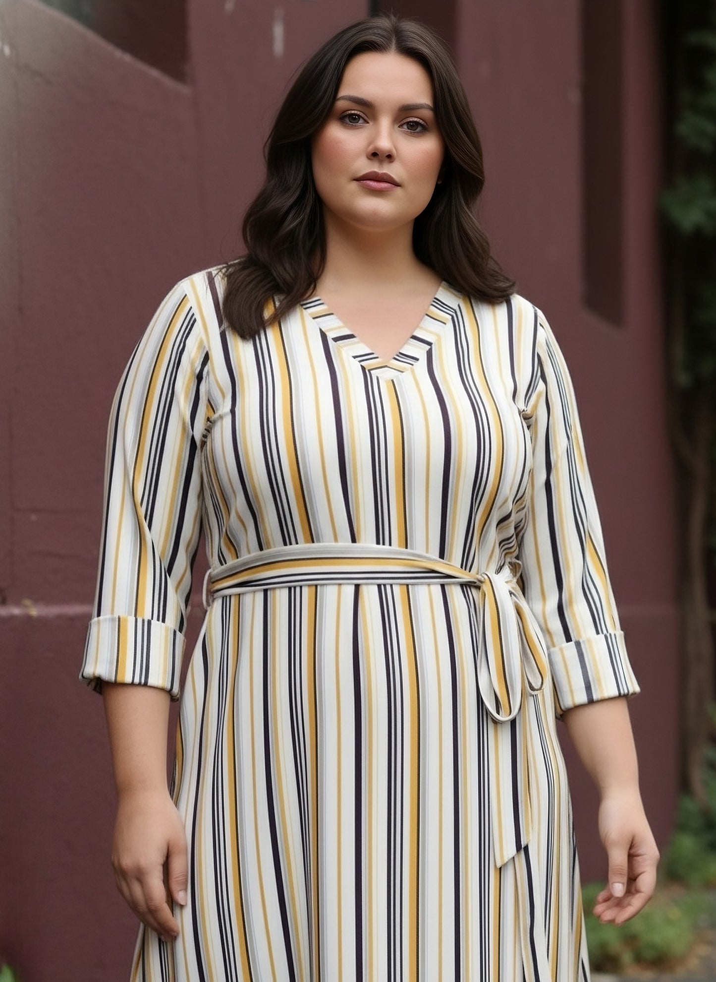 Berrylush Women Plus Size Multicolour Stripe Printed V-Neck Waist Tie-Up Crepe Curved Hem Maxi Dress