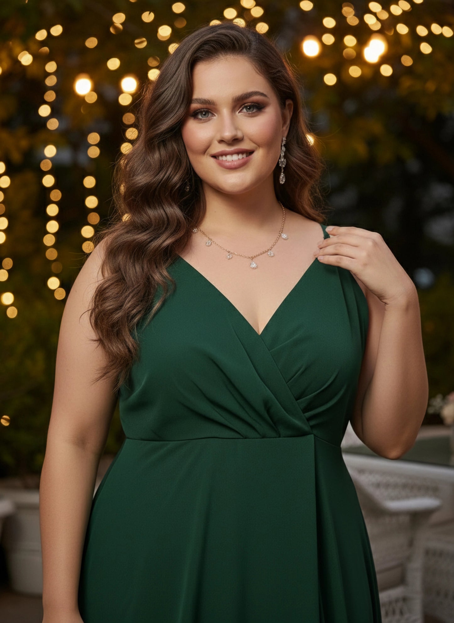 Berrylush Women Plus Size Solid Green V-Neck Sleeveless Crepe Thigh-High Slit Fit & Flare Wrap Maxi Dress