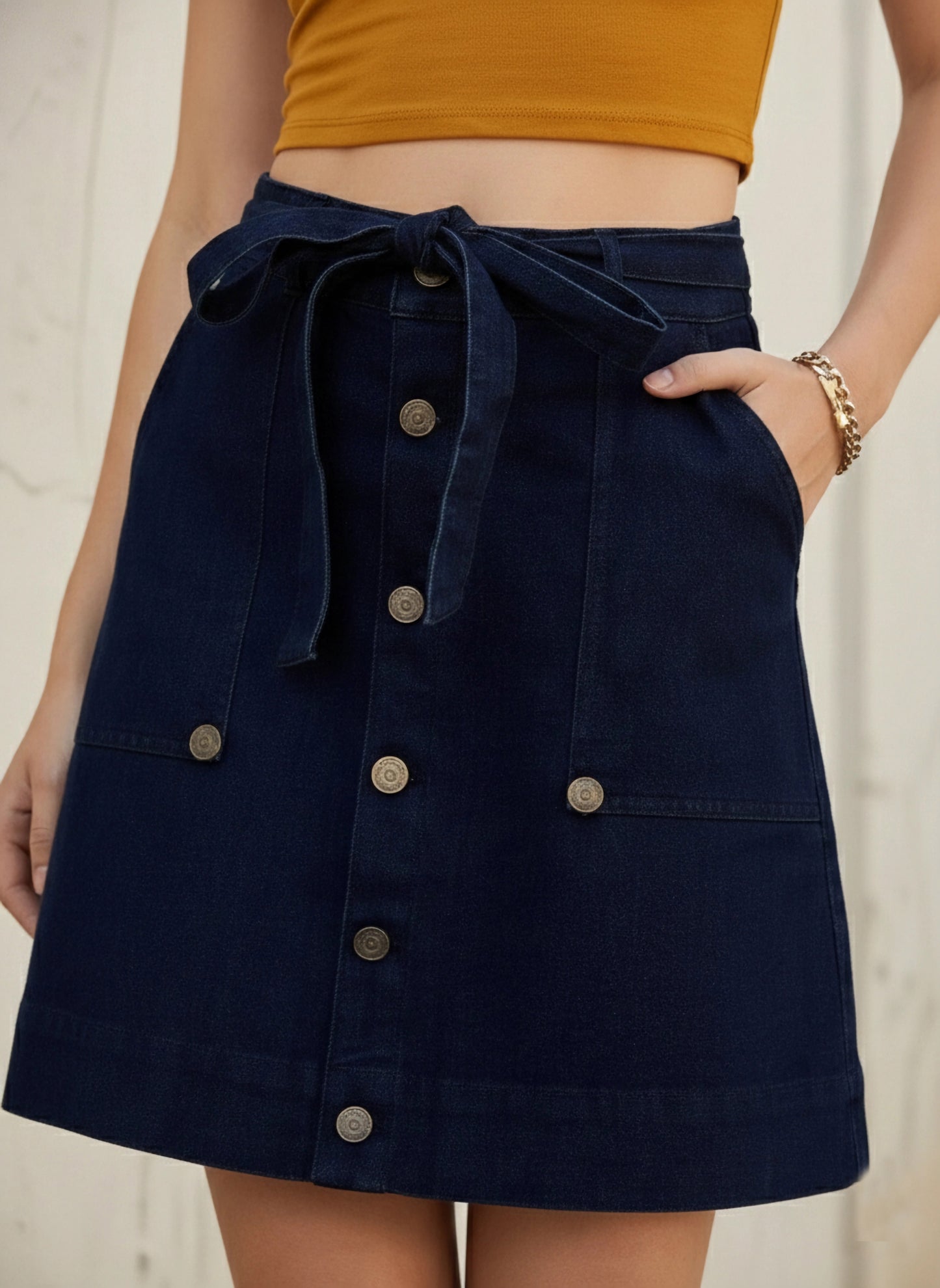 Solid Navy Blue High-Rise Waist Denim Front Tie-Up Button-Up Straight Hem Flared A-Line Mini Skirt