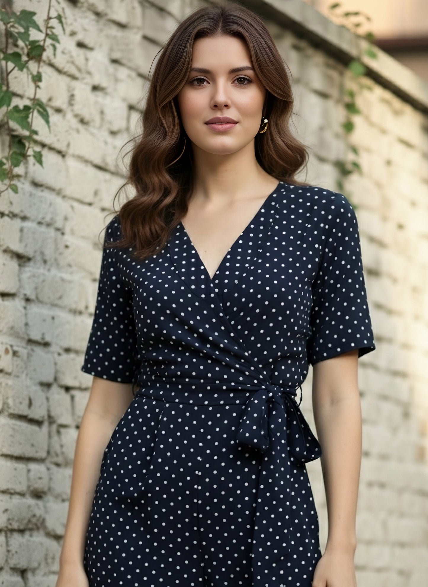 Berrylush Women Navy Blue & White Polka Dot Printed Shawl Neck Culotte Jumpsuit