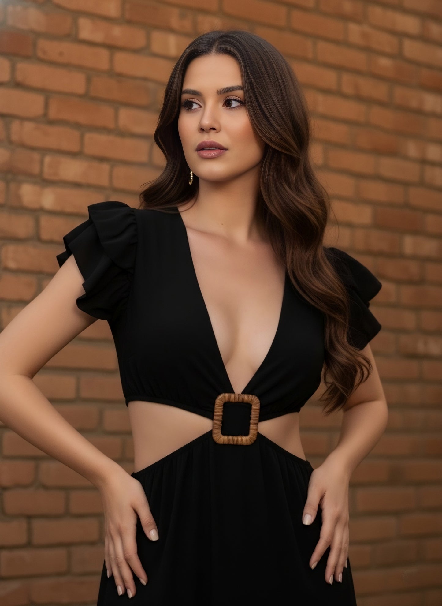 Berrylush Women Black Solid V-Neck Short Sleeve A-Line Maxi Dress