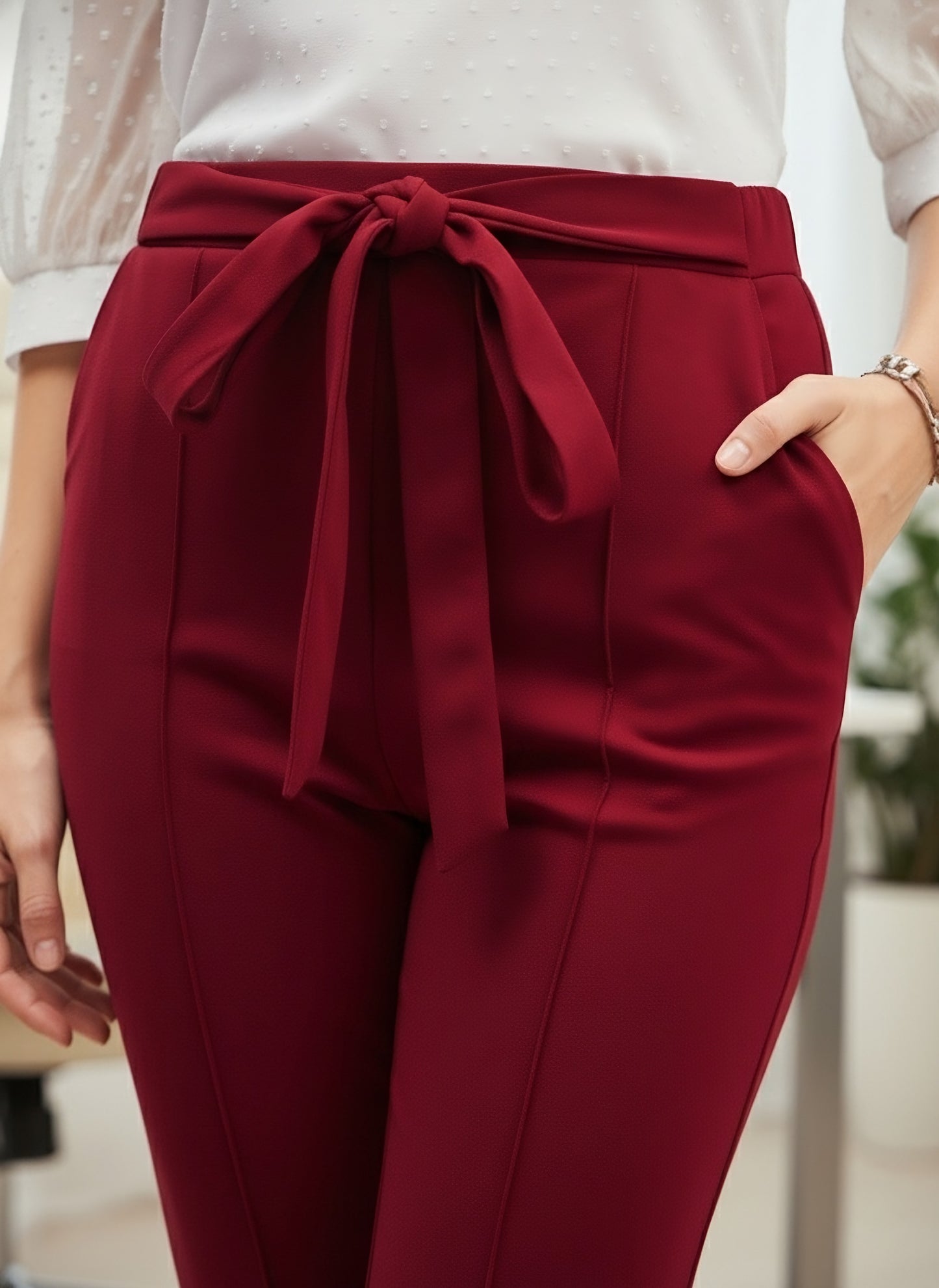 Berrylush BIZwear Women Solid Maroon High-Rise Waist Tie-Up Skinny-Fit Two-Pocket Knitted Regular Pants