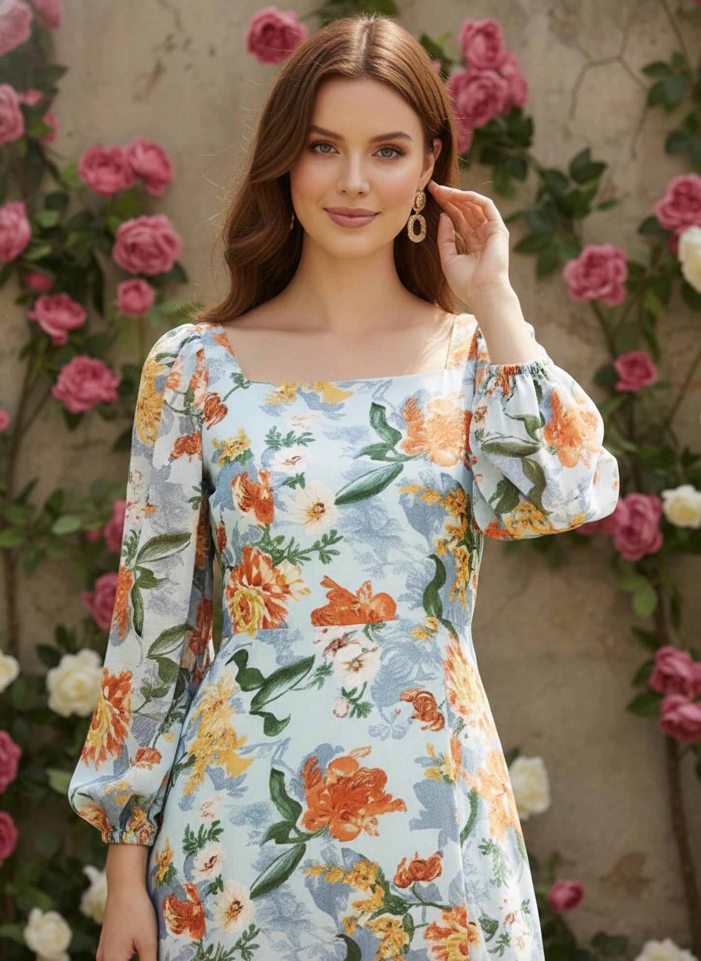 Berrylush Women Blue Floral Printed Square Neck Maxi Dress