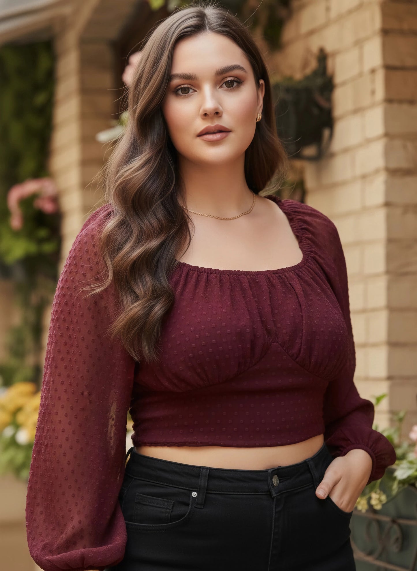 Berrylush Women Plus Size Solid Maroon Dobby Weave Sweetheart Neck Puff Sleeve Georgette Smocked Crop Top