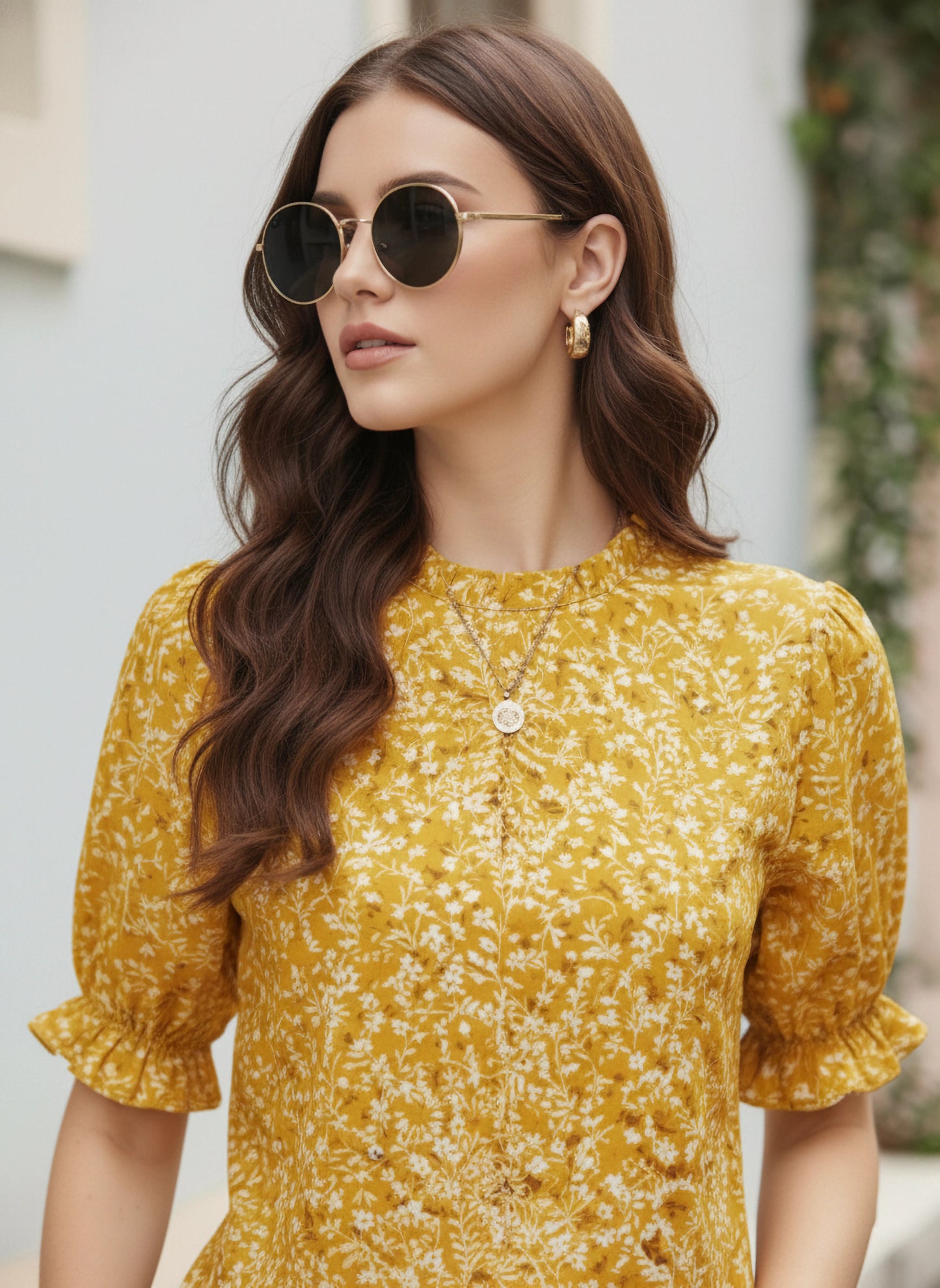 Berrylush Women Yellow Floral Printed Puff Sleeves Top