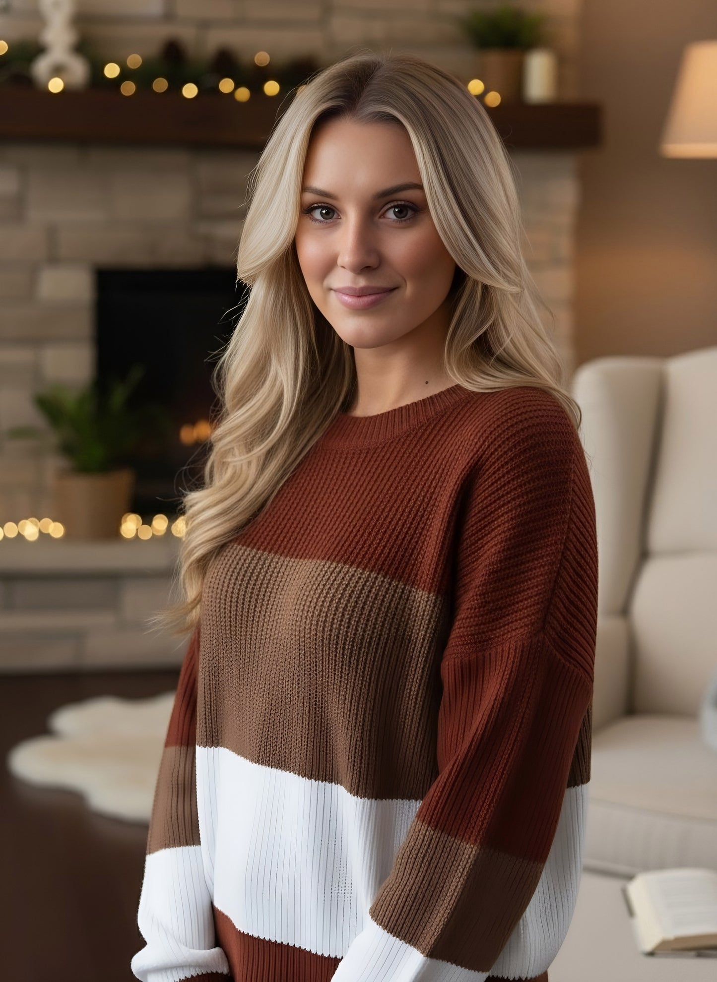 Berrylush Women Brown & White Striped Pattern Round Neck Acrylic Straight Hem Regular Pullover