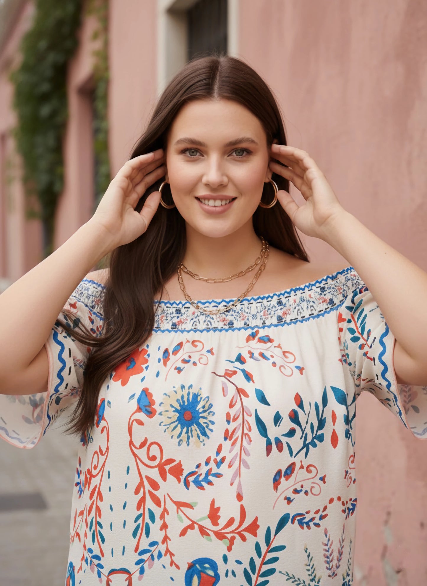 Berrylush Curve Women White & Multicolour Tribal Printed Off-Shoulder Neck Short Sleeves Regular Top