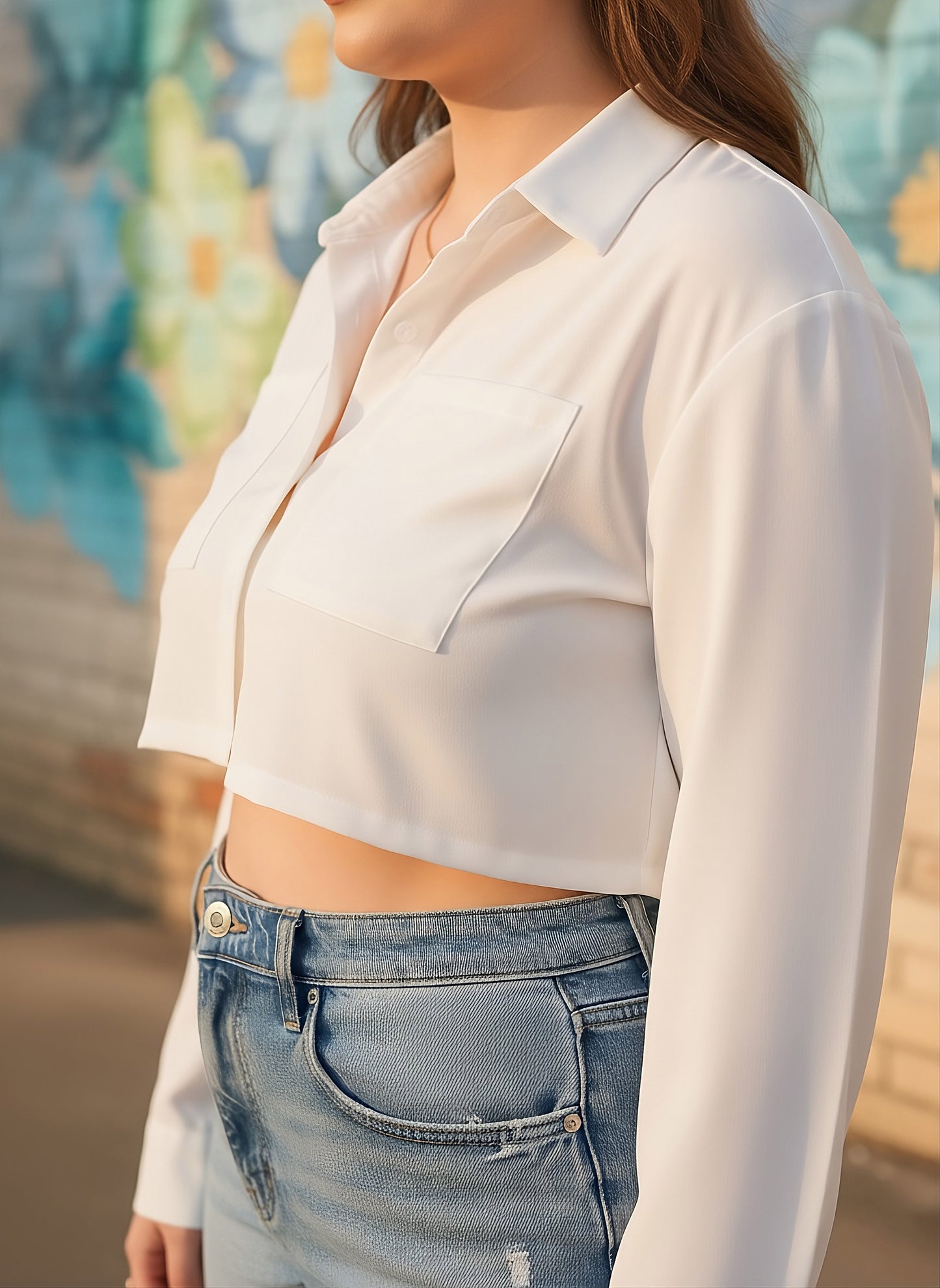 Berrylush Curve Women Solid White Spread Collar Neck Long Sleeves Front Button-Up Curved Crop Shirt