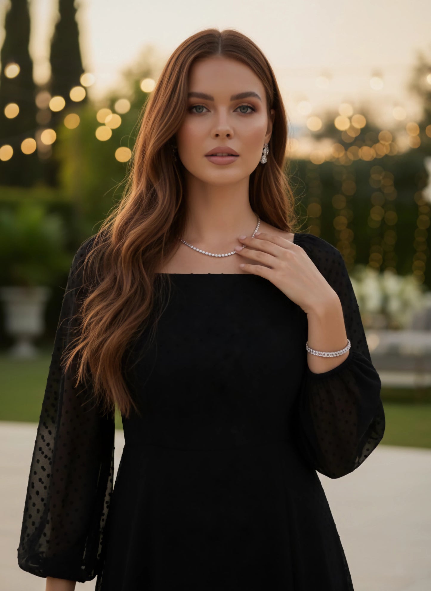 Solid Black Dobby Weave Square Neck Puff Sleeves Thigh-High Slit Flared Maxi Dress
